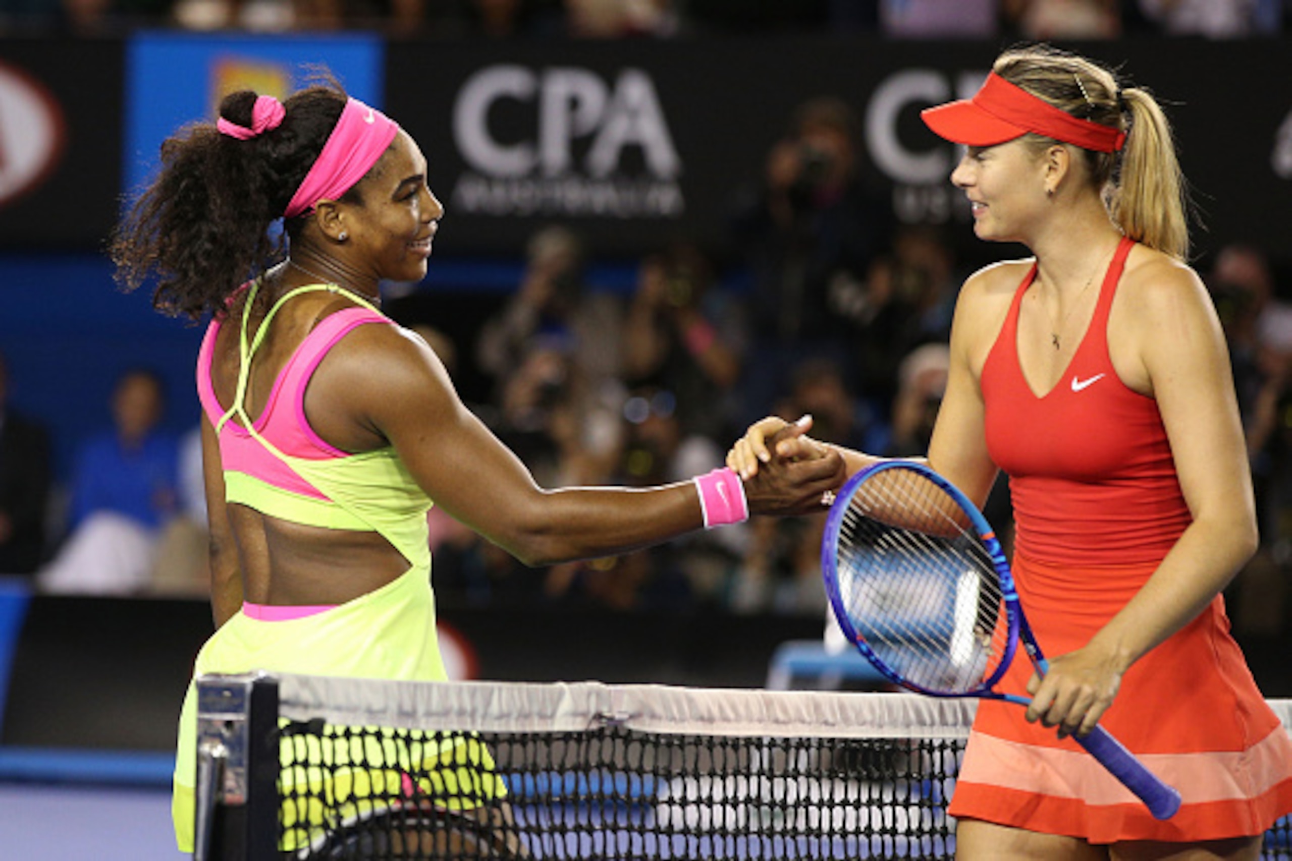 MELBOURNE, AUSTRALIA - JANUARY 31:  Serena Williams of the United States and Maria Sharapova of Russia shake hands after Williams won their women's final during day 13 of the 2015 Australian Open at Melbourne Park on January 31, 2015 in Melbourne, Austral