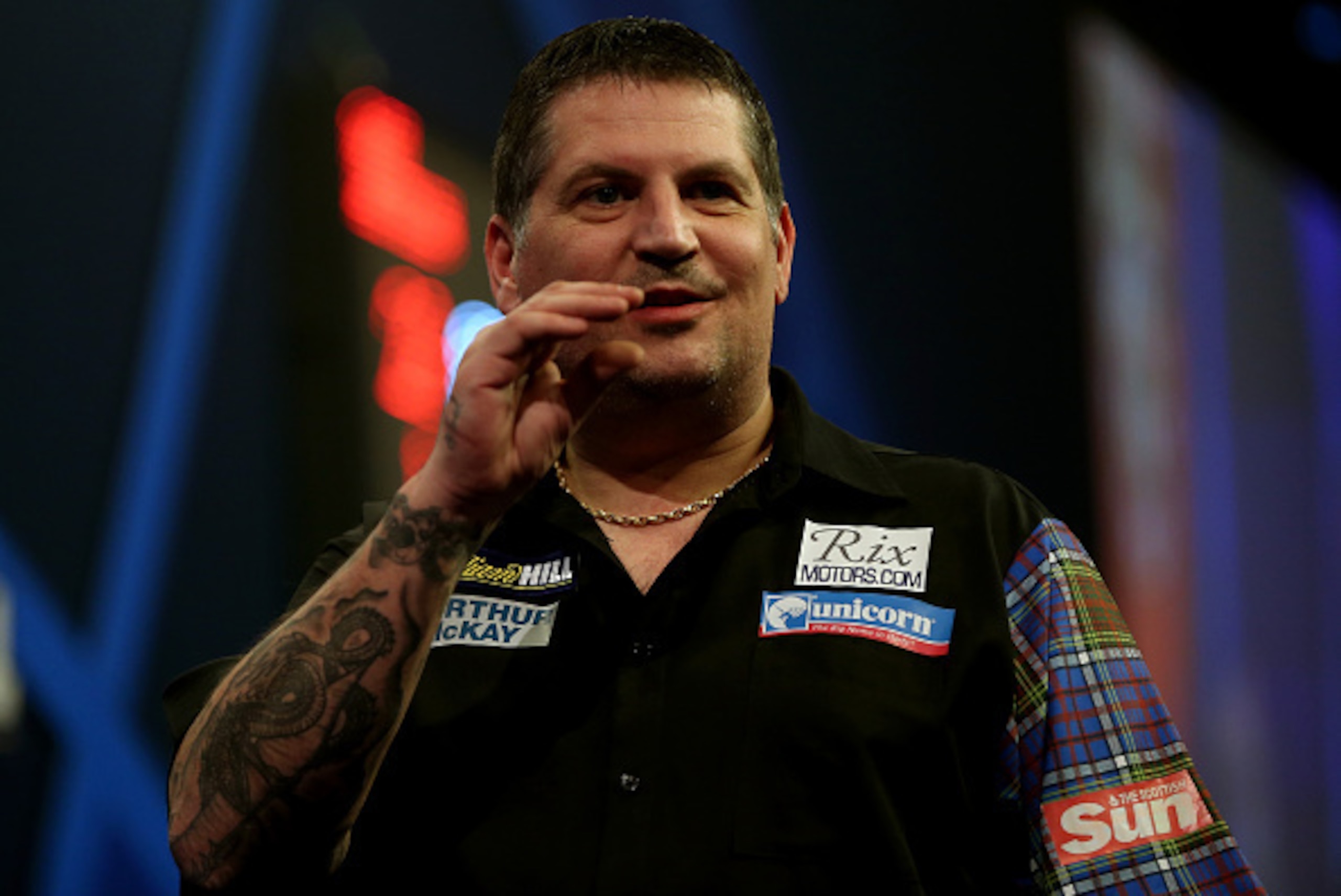 LONDON, ENGLAND - JANUARY 04:  Gary Anderson of Scotland gestures during the final of the 2015 William Hill PDC World Darts Championships at Alexandra Palace on January 4, 2015 in London, England.  (Photo by Ben Hoskins/Getty Images)