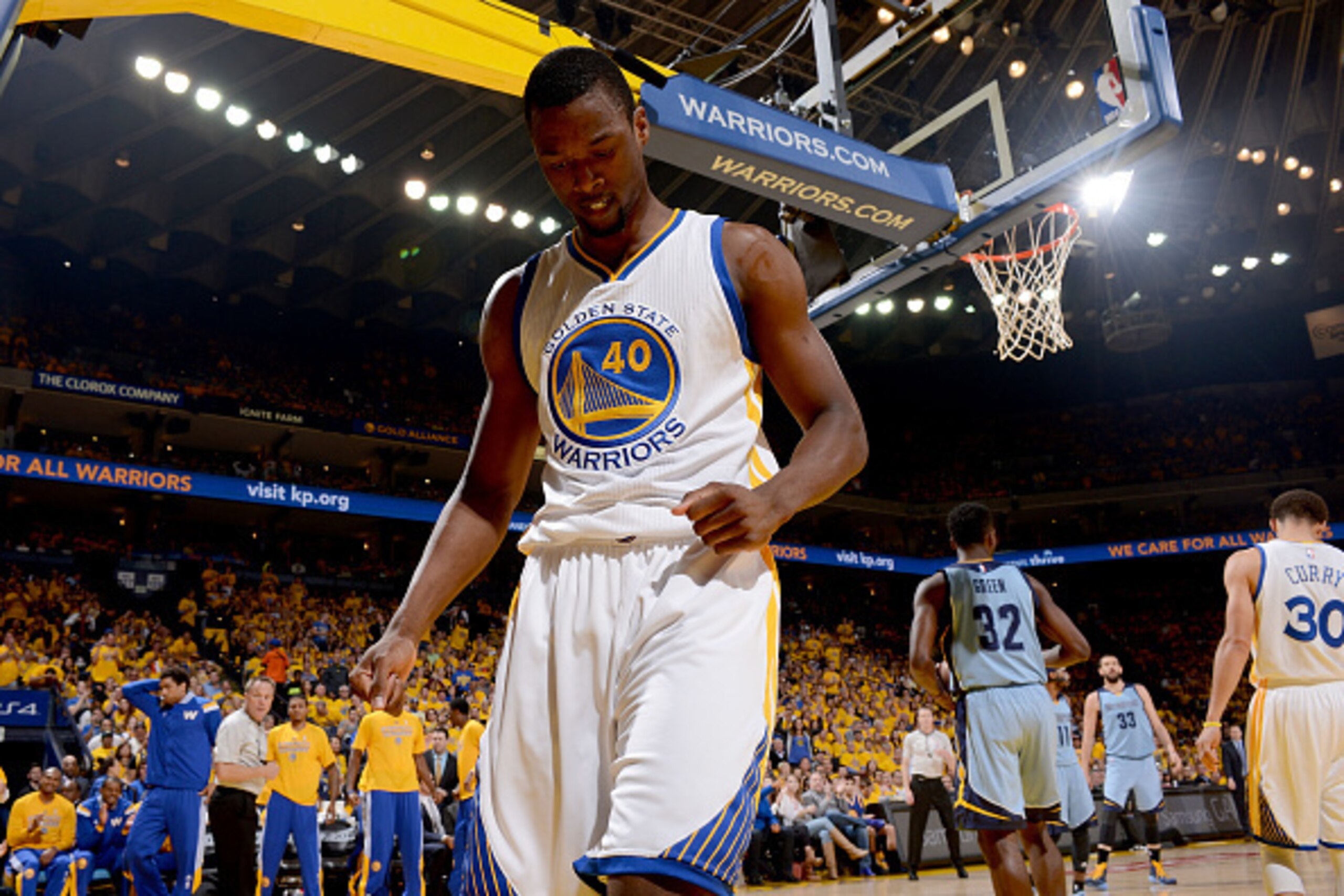 OAKLAND, CA - MAY 13: Harrison Barnes #40 of the Golden State Warriors stands on the court during a game against the Memphis Grizzlies in Game Five of the Western Conference Semifinals of the 2015 NBA Playoffs on May 13, 2015 at Oracle Arena in Oakland, C