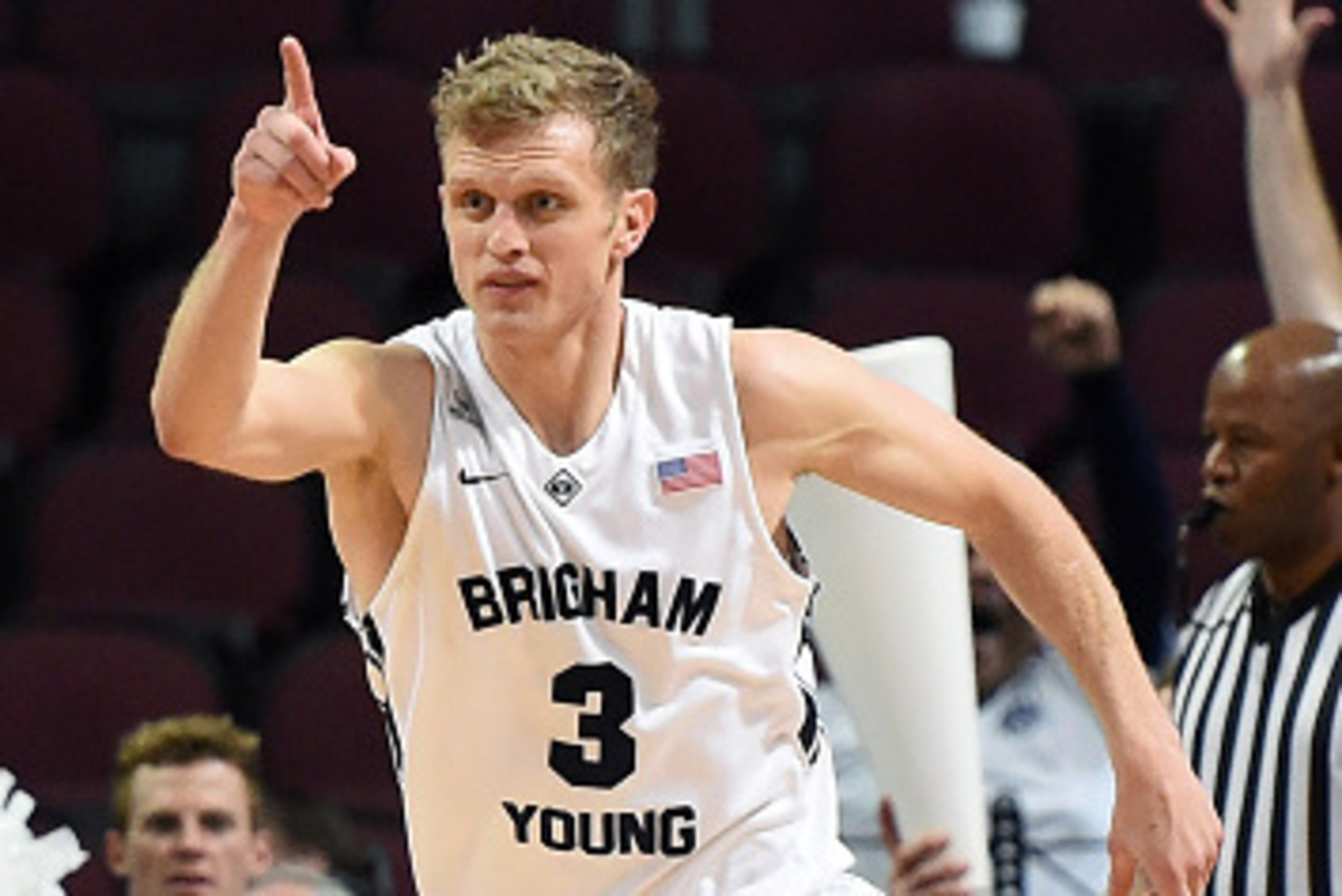 LAS VEGAS, NV - MARCH 09:  Tyler Haws #3 of the Brigham Young Cougars points to a teammate he got an assist from during a semifinal game of the West Coast Conference Basketball tournament at the Orleans Arena on March 9, 2015 in Las Vegas, Nevada. Brigham