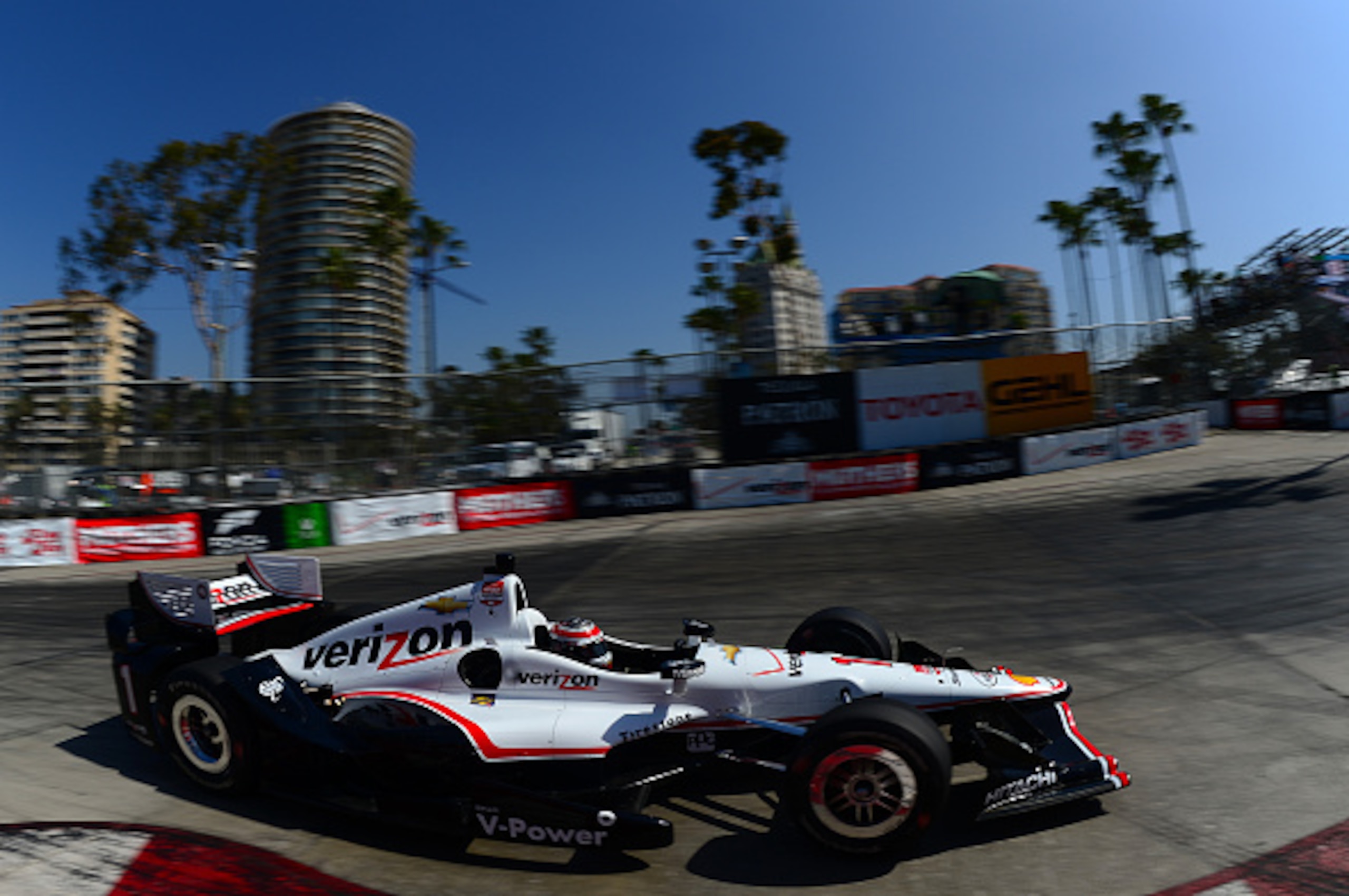 LONG BEACH, CA - APRIL 19:  Will Power of Australia, driver of the #1 Verizon Team Penske Chevrolet Dallara, drives during warm ups for the for the Verizon IndyCar Series Toyota Grand Prix of Long Beach on April 19, 2015 on the streets of Long Beach, Cali