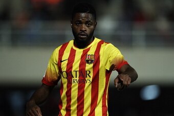 CARTAGENA, SPAIN - DECEMBER 06:  Alex Song of Barcelona reacts during the Copa del Rey, Round of 32 match between FC Cartagena and FC Barcelona at Estadio Cartagonova on December 06, 2013 in Cartagena, Spain.  (Photo by Manuel Queimadelos Alonso/Getty Ima
