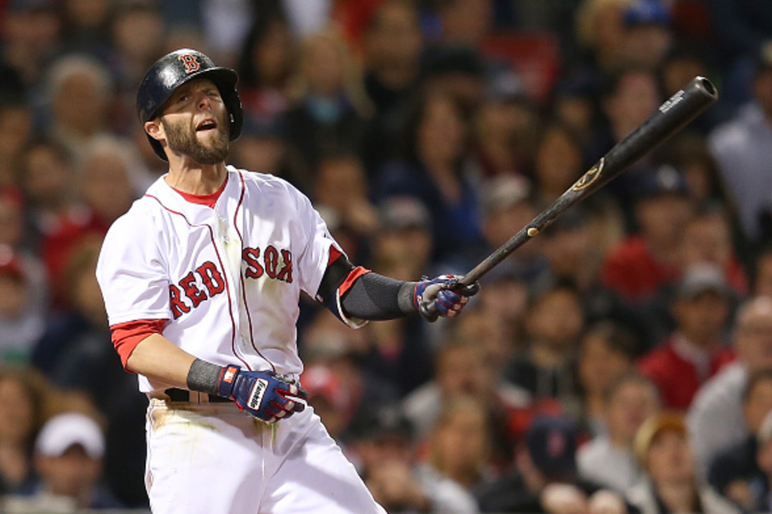 BOSTON, MA - MAY 3: Dustin Pedroia #15 of the Boston Red Sox reacts after striking out in the fourth inning during a game with the New York Yankees at Fenway Park May 3, 2015 in Boston, Massachusetts.  (Photo by Jim Rogash/Getty Images)