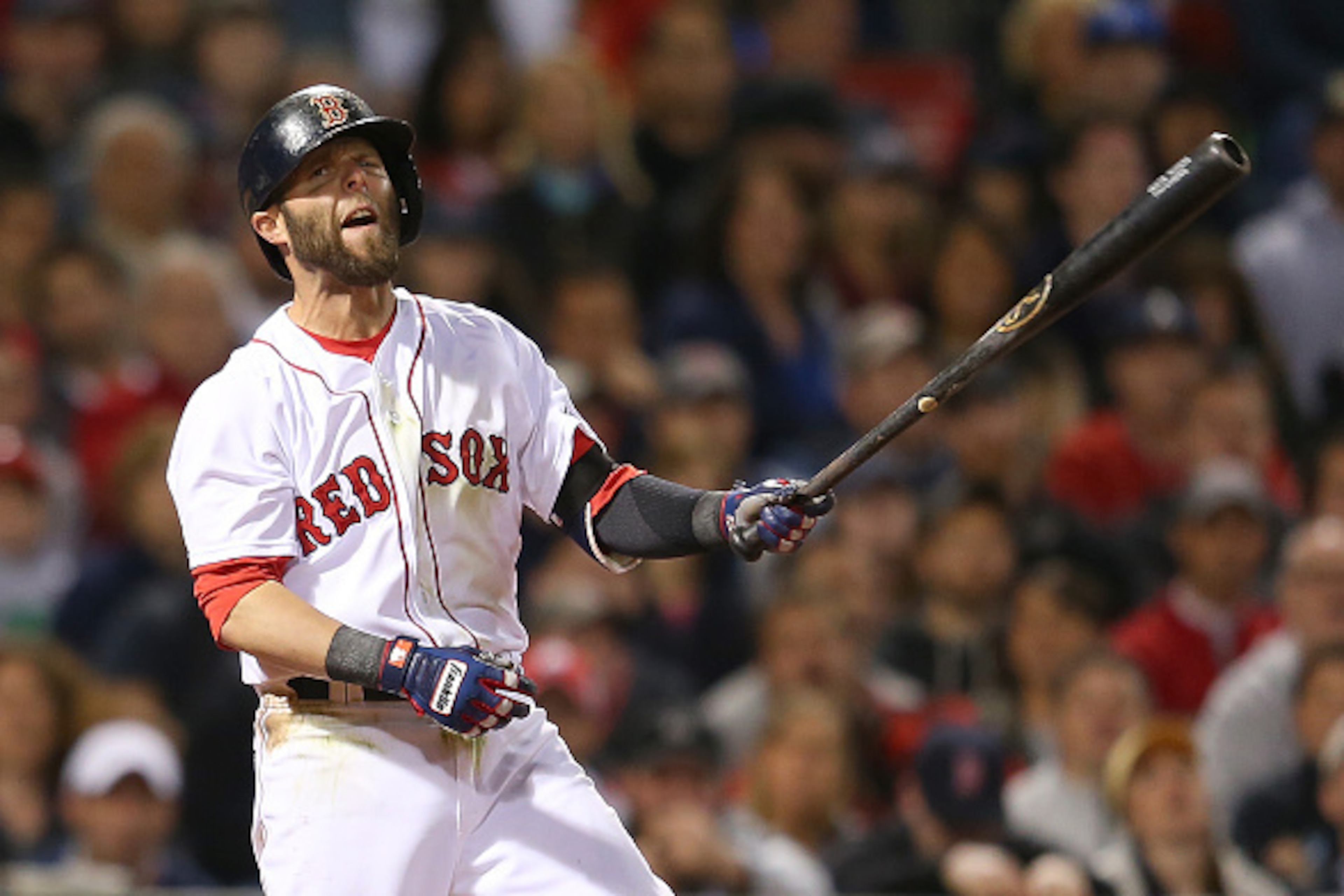 BOSTON, MA - MAY 3: Dustin Pedroia #15 of the Boston Red Sox reacts after striking out in the fourth inning during a game with the New York Yankees at Fenway Park May 3, 2015 in Boston, Massachusetts.  (Photo by Jim Rogash/Getty Images)