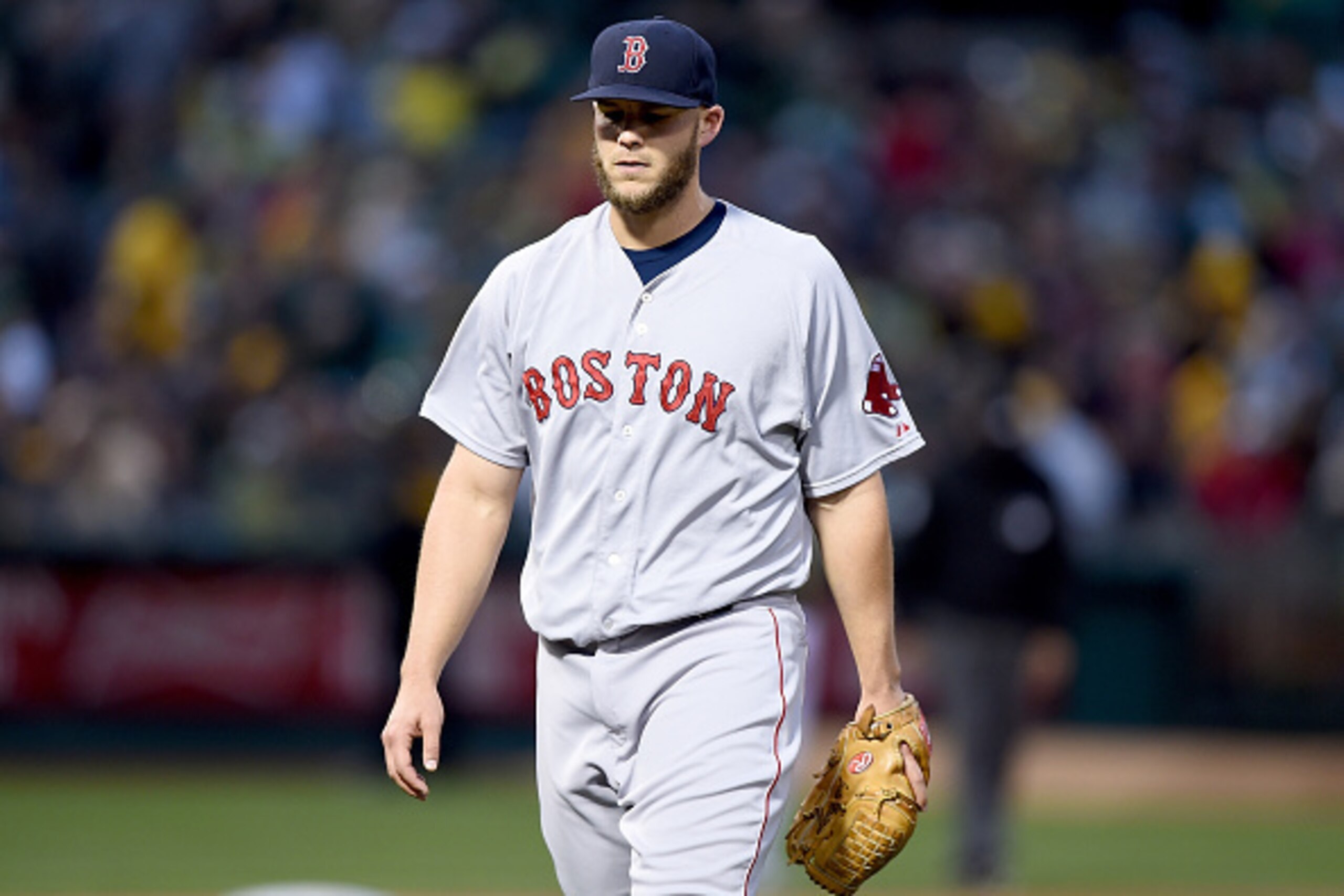 OAKLAND, CA - MAY 12:  Justin Masterson #63 of the Boston Red Sox walks back to the dugout after being taken out of the game against the Oakland Athletics in the bottom of the third inning at O.co Coliseum on May 12, 2015 in Oakland, California.  (Photo b