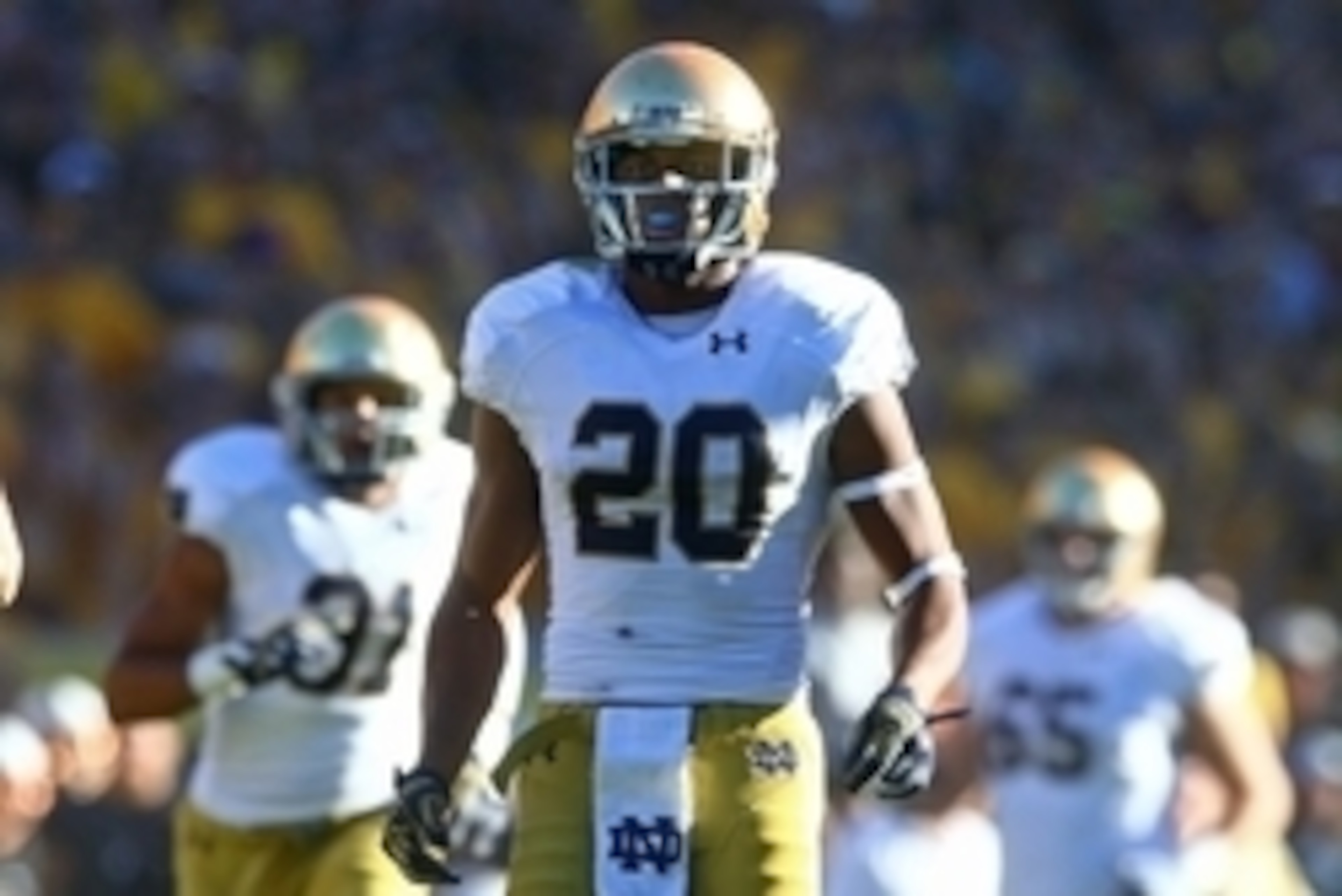 Nov 8, 2014; Tempe, AZ, USA; Notre Dame Fighting Irish wide receiver C.J. Prosise (20) against the Arizona State Sun Devils at Sun Devil Stadium. Arizona State defeated Notre Dame 55-31. Mandatory Credit: Mark J. Rebilas-USA TODAY Sports