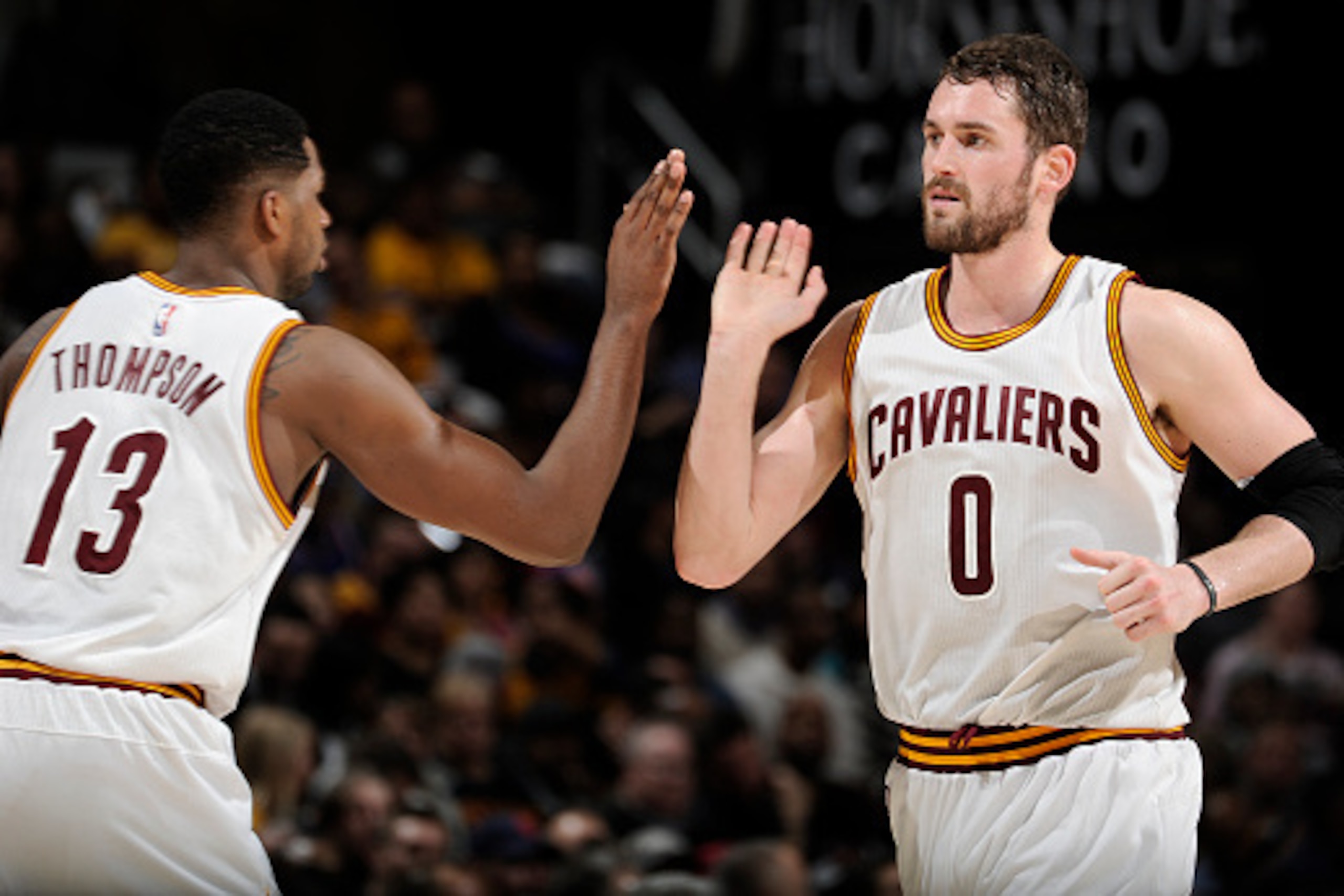 CLEVELAND, OH - FEBRUARY 11:  Kevin Love #0 and Tristan Thompson #13 of the Cleveland Cavaliers during the game against the Miami Heat on February 11, 2015 at Quicken Loans Arena in Cleveland, Ohio. NOTE TO USER: User expressly acknowledges and agrees tha