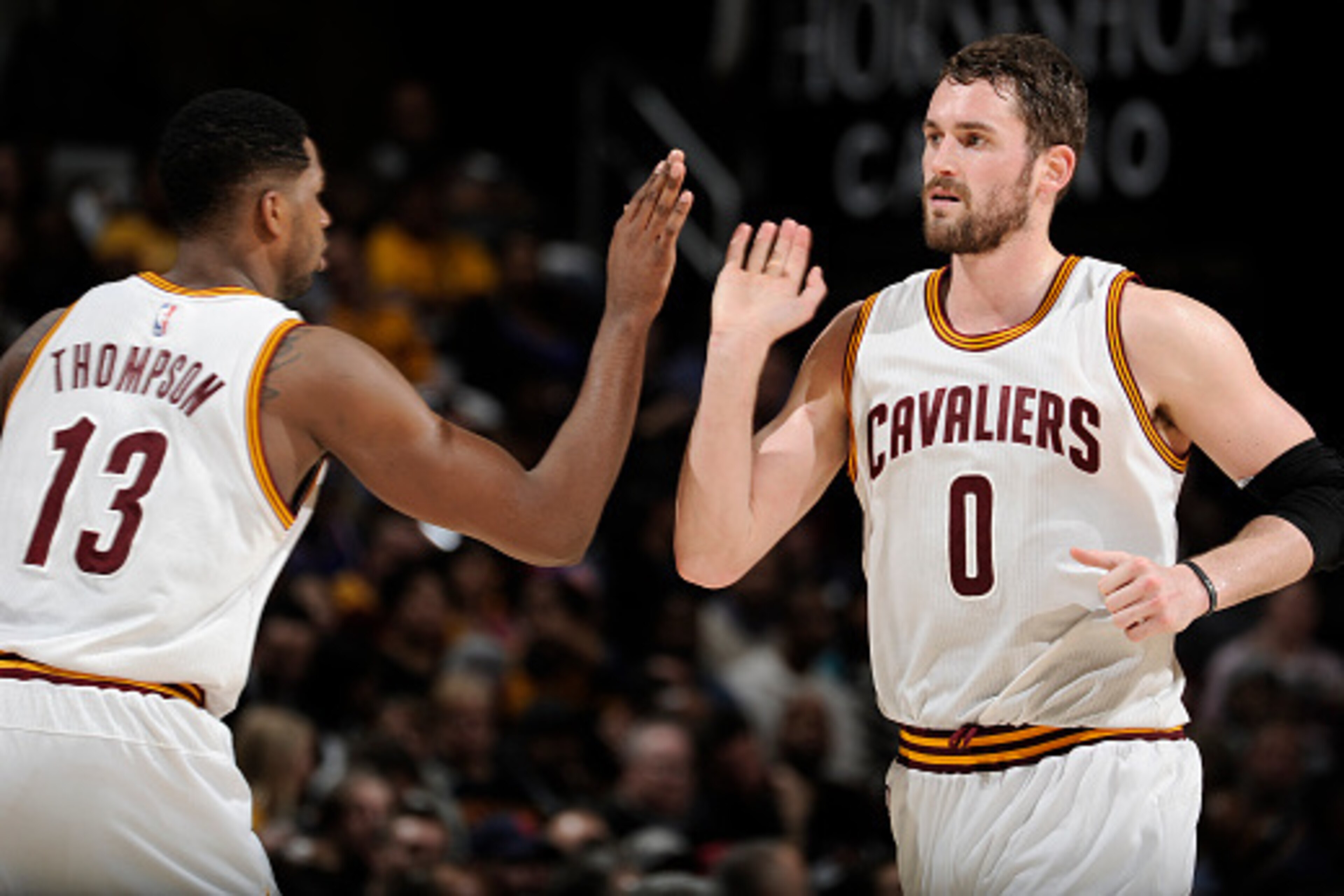 CLEVELAND, OH - FEBRUARY 11:  Kevin Love #0 and Tristan Thompson #13 of the Cleveland Cavaliers during the game against the Miami Heat on February 11, 2015 at Quicken Loans Arena in Cleveland, Ohio. NOTE TO USER: User expressly acknowledges and agrees tha