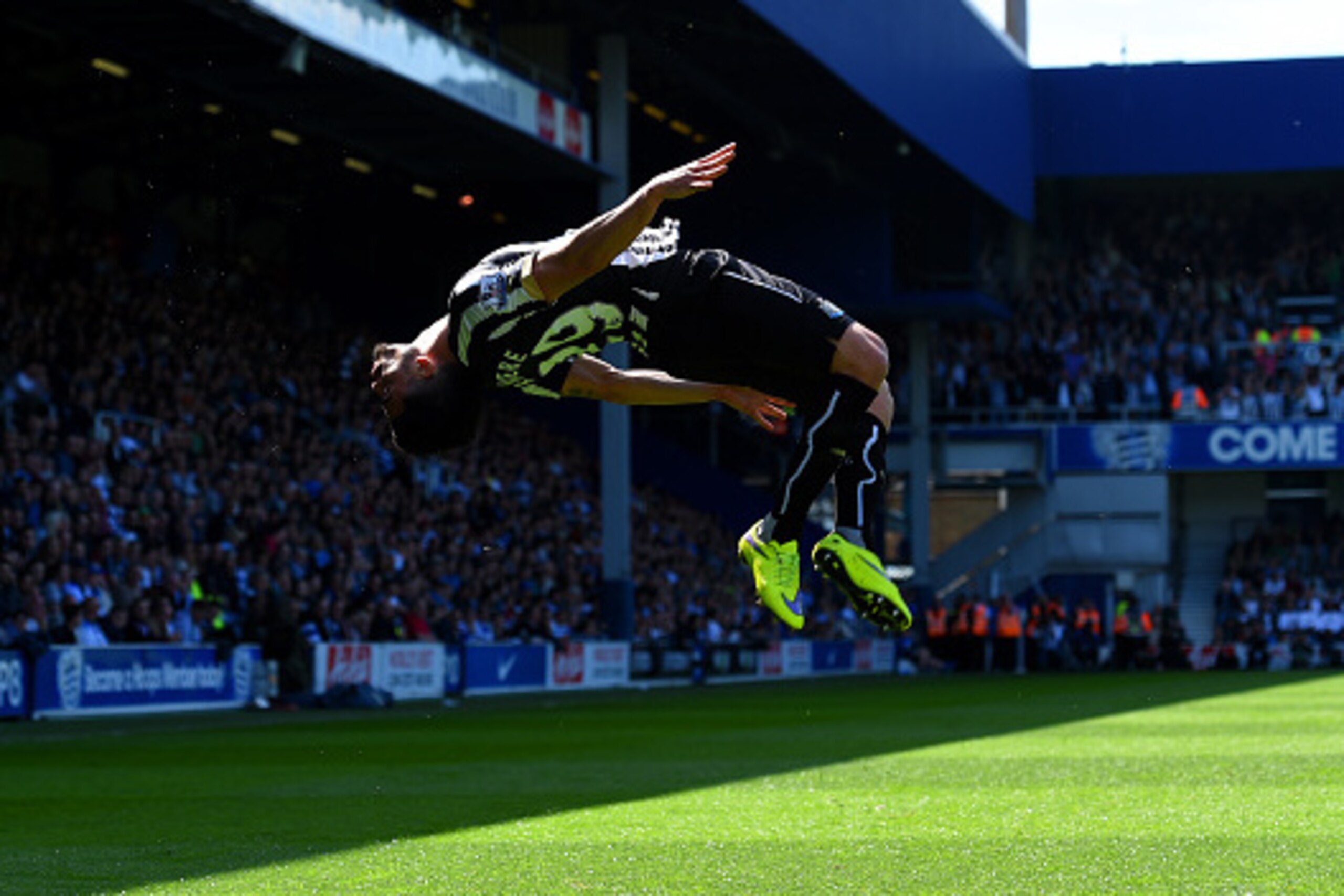 LONDON, ENGLAND - MAY 16:  Emmanuel Riviere of Newcastle United celebrates scoring the opening goal during the Barclays Premier League match between Queens Park Rangers and Newcastle United at Loftus Road on May 16, 2015 in London, England.  (Photo by Sha