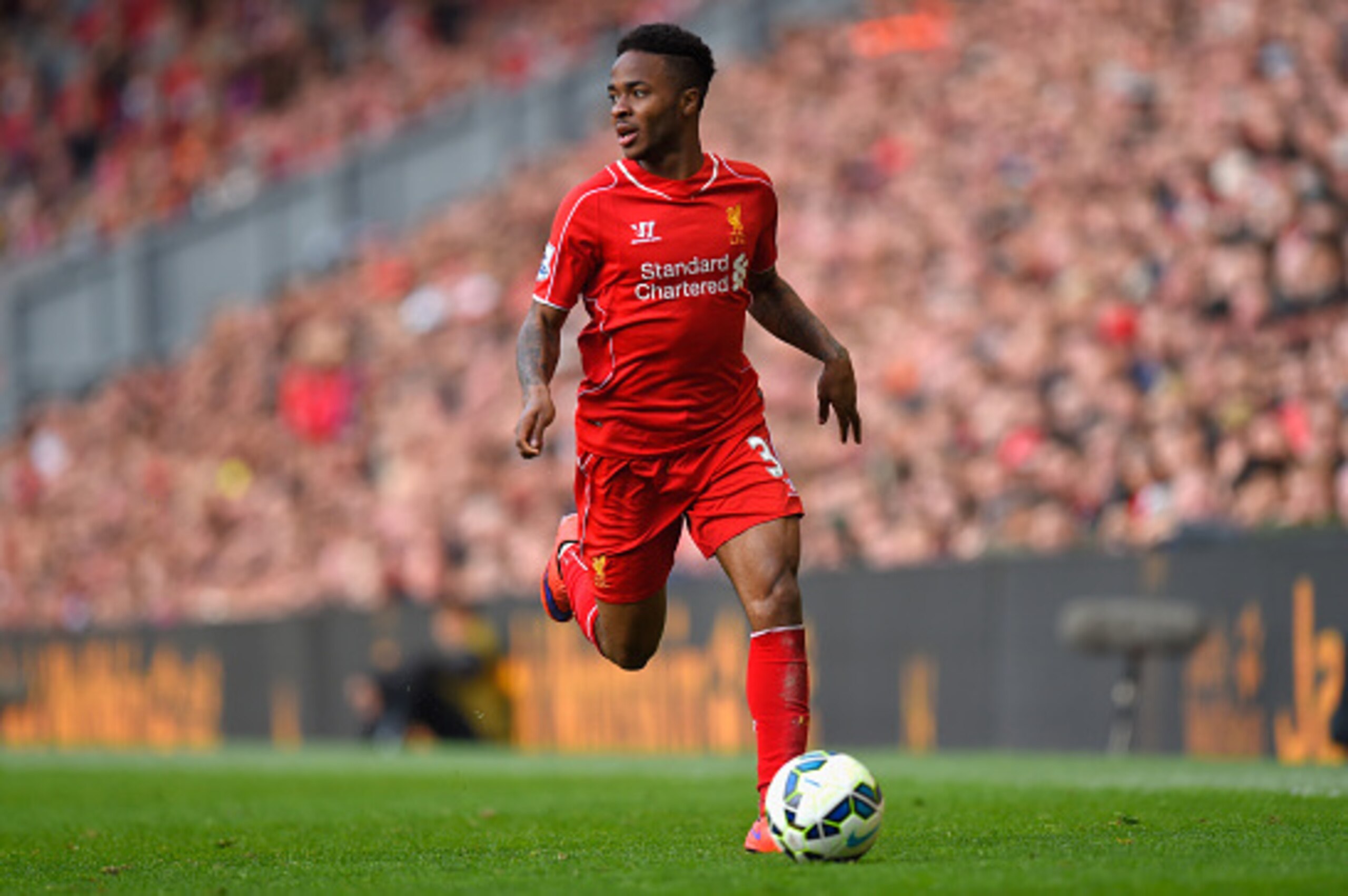 LIVERPOOL, ENGLAND - MAY 16:  Raheem Sterling of Liverpool in action during the Barclays Premier League match betrween Liverpool and Crystal Palace at Anfield on May 16, 2015 in Liverpool, England.  (Photo by Stu Forster/Getty Images)