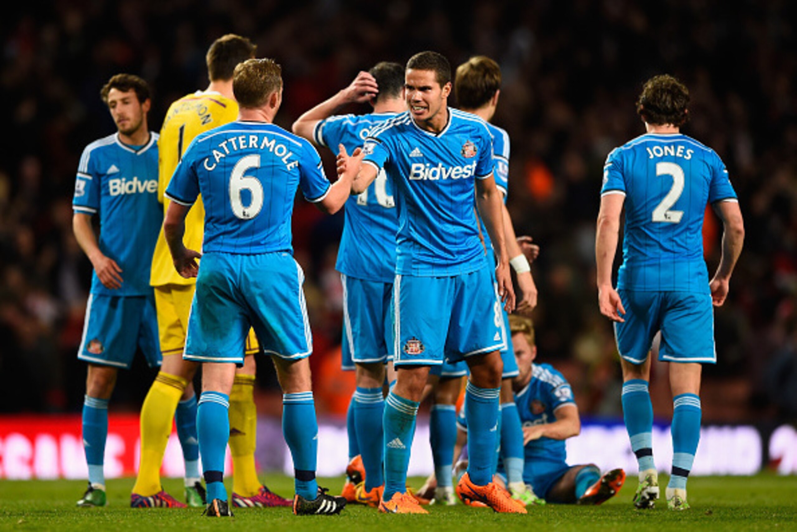LONDON, ENGLAND - MAY 20:  Lee Cattermole and Jack Rodwell of Sunderland celebrate securing Premier League safety  with team mates after the Barclays Premier League match between Arsenal and Sunderland at Emirates Stadium on May 20, 2015 in London, Englan