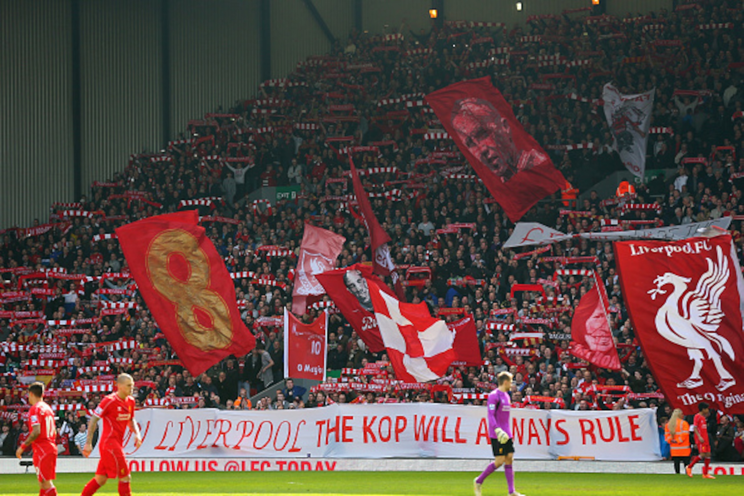 LIVERPOOL, ENGLAND - MARCH 22: A general view showing Liverpool fans at the Kop end during the Barclays Premier League match between Liverpool and Manchester United at Anfield on March 22, 2015 in Liverpool, England.  (Photo by Alex Livesey/Getty Images)