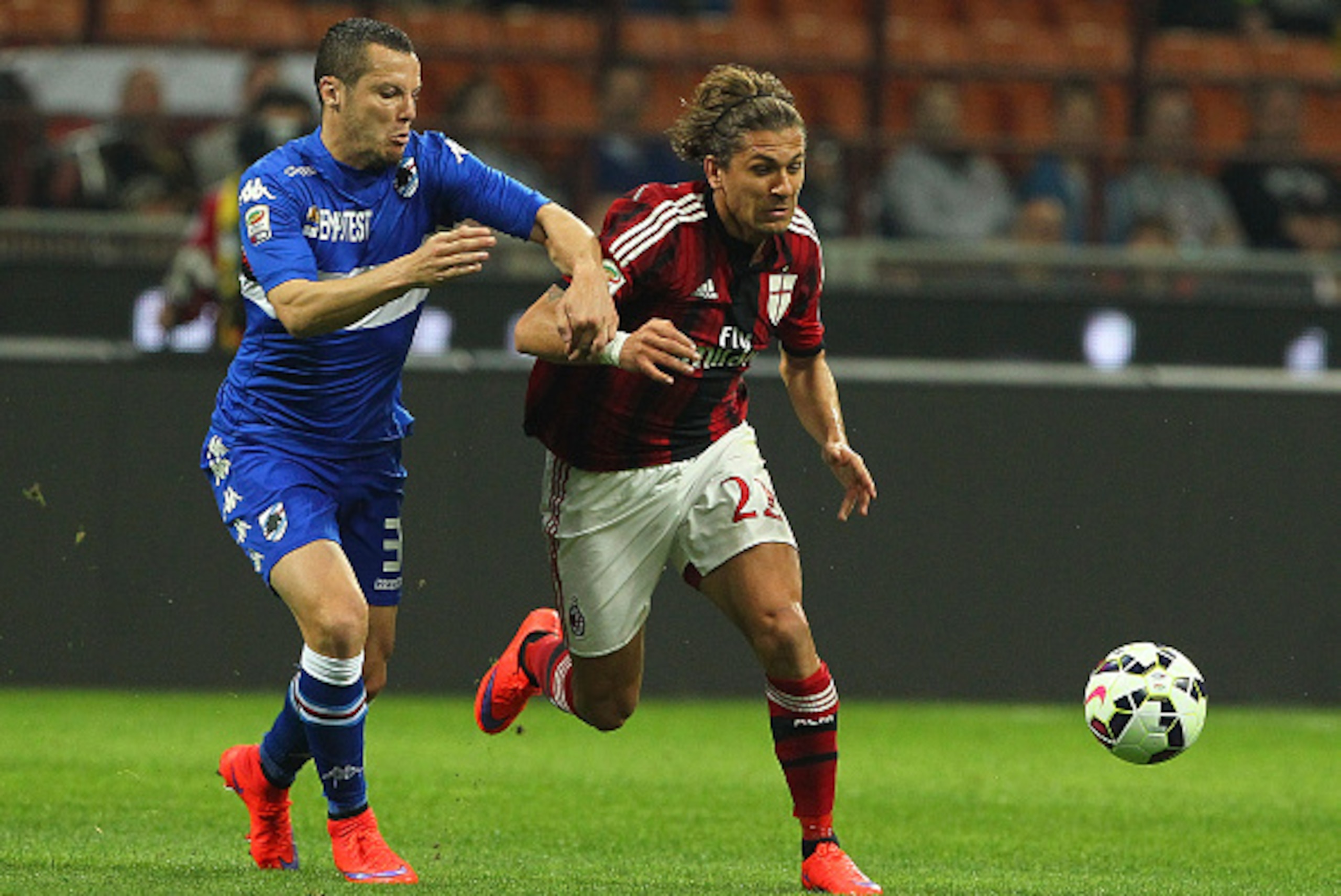 MILAN, ITALY - APRIL 12:  Alessio Cerci (R) of AC Milan is challenged by Djamel Mesbah (L) of UC Sampdoria during the Serie A match between AC Milan and UC Sampdoria  at Stadio Giuseppe Meazza on April 12, 2015 in Milan, Italy.  (Photo by Marco Luzzani/Ge