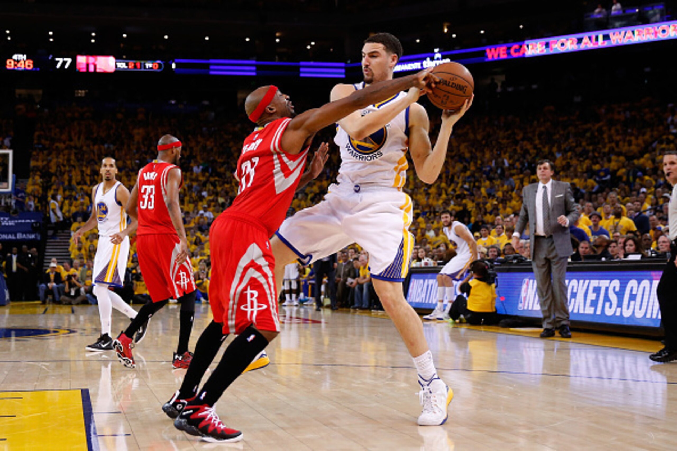 OAKLAND, CA - MAY 21: Jason Terry #31 of the Houston Rockets defends Klay Thompson #11 of the Golden State Warriors in the second half during game two of the Western Conference Finals of the 2015 NBA PLayoffs at ORACLE Arena on May 21, 2015 in Oakland, Ca