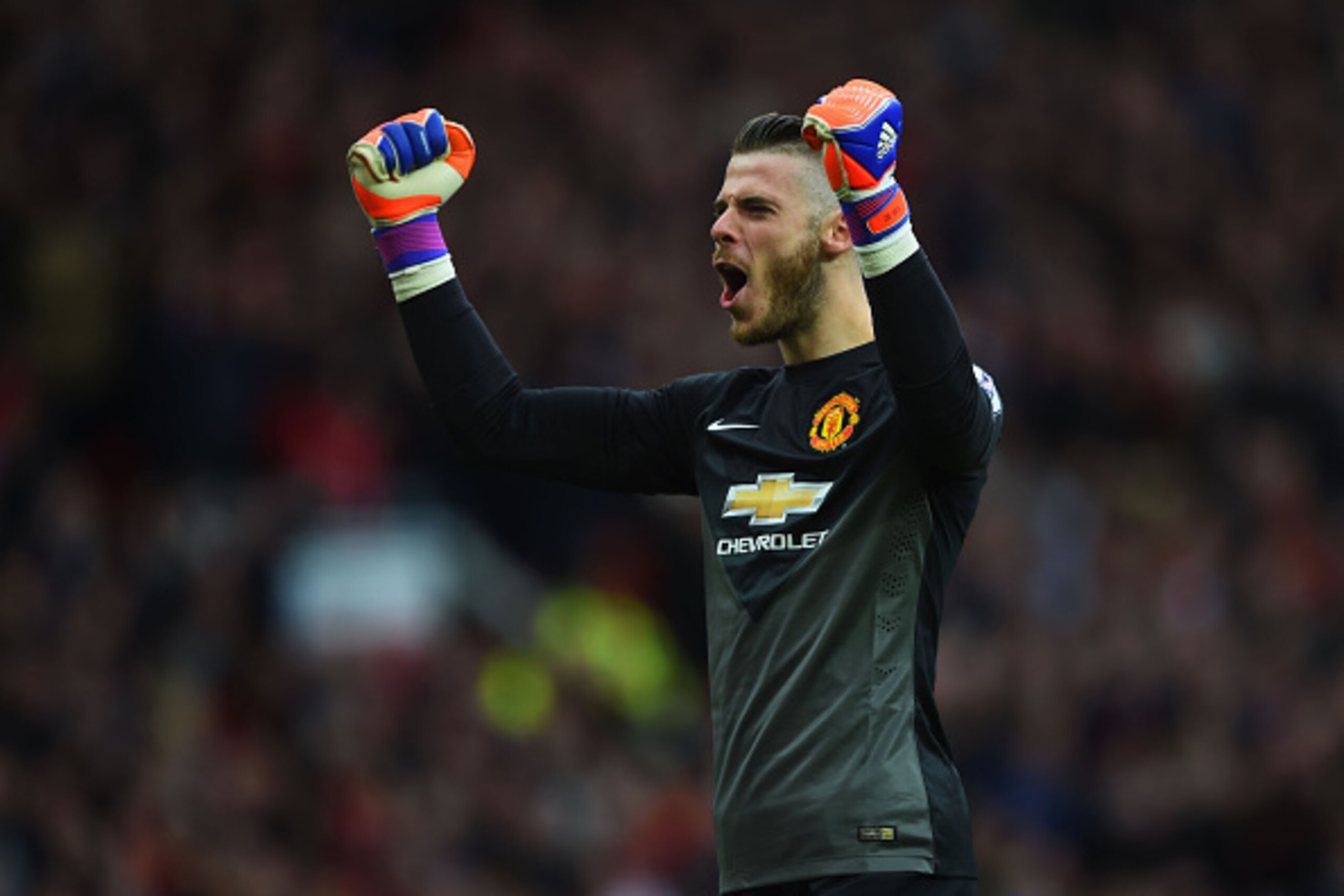 MANCHESTER, ENGLAND - MAY 17: David De Gea of Manchester United celebrates as Ander Herrera scores their first goal during the Barclays Premier League match between Manchester United and Arsenal at Old Trafford on May 17, 2015 in Manchester, England. (P MANCHESTER, ENGLAND - MAY 17: David De Gea of Manchester United celebrates as Ander Herrera scores their first goal during the Barclays Premier League match between Manchester United and Arsenal at Old Trafford on May 17, 2015 in Manchester, England. (P