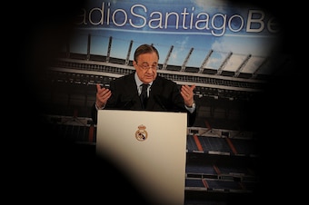 MADRID, SPAIN - MARCH 12:  Real Madrid President Florentino Perez holds a press conference at the Santiago Bernabeu stadium on March 12, 2015 in Madrid, Spain.  Perez appealed for more objectivity in reporting on the Spanish powerhouse from some members o