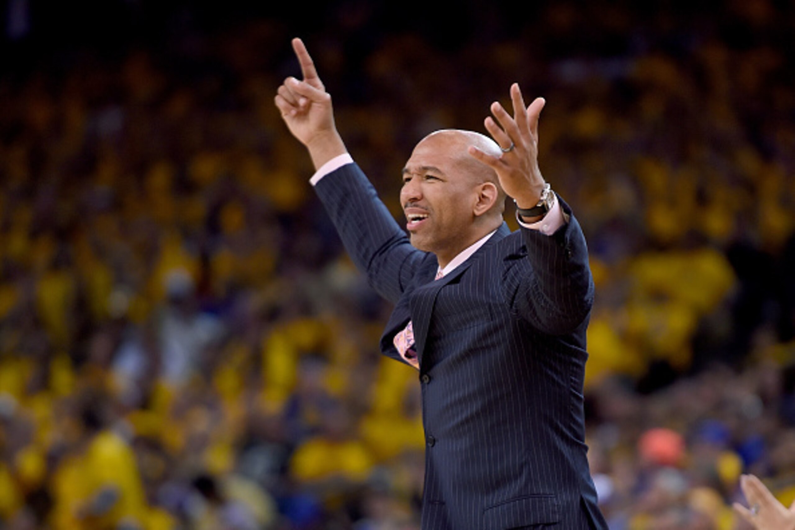 OAKLAND, CA - APRIL 18:  Head coach Monty Williams of the New Orleans Pelicans reacts to a call against the Golden State Warriors in the second quarter during the first round of the 2015 NBA Playoffs at ORACLE Arena on April 18, 2015 in Oakland, Californi
