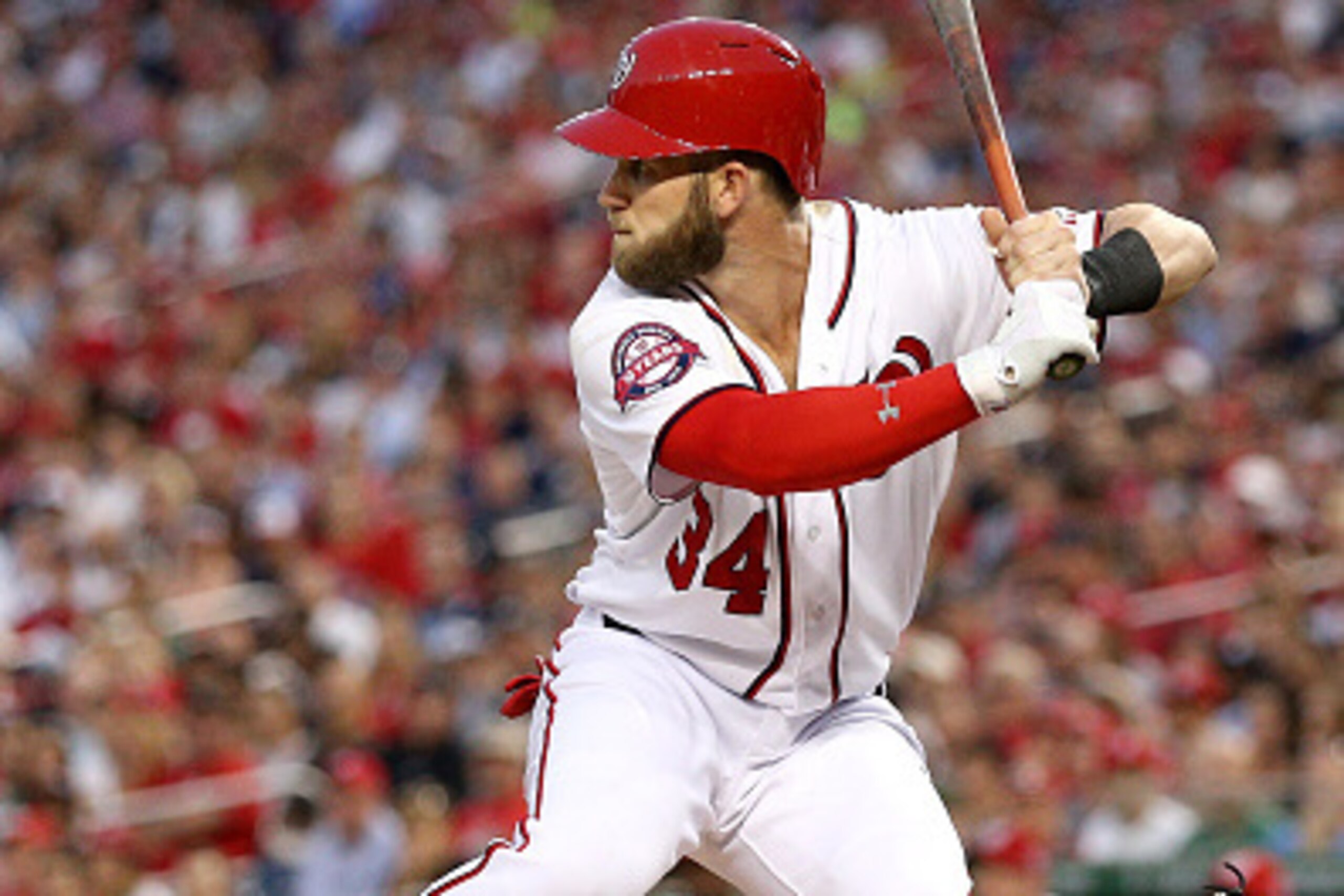 WASHINGTON, DC - MAY 19: Bryce Harper #34 of the Washington Nationals bats against the New York Yankees at Nationals Park on May 19, 2015 in Washington, DC. The Washington Nationals won, 8-6. (Photo by Patrick Smith/Getty Images)