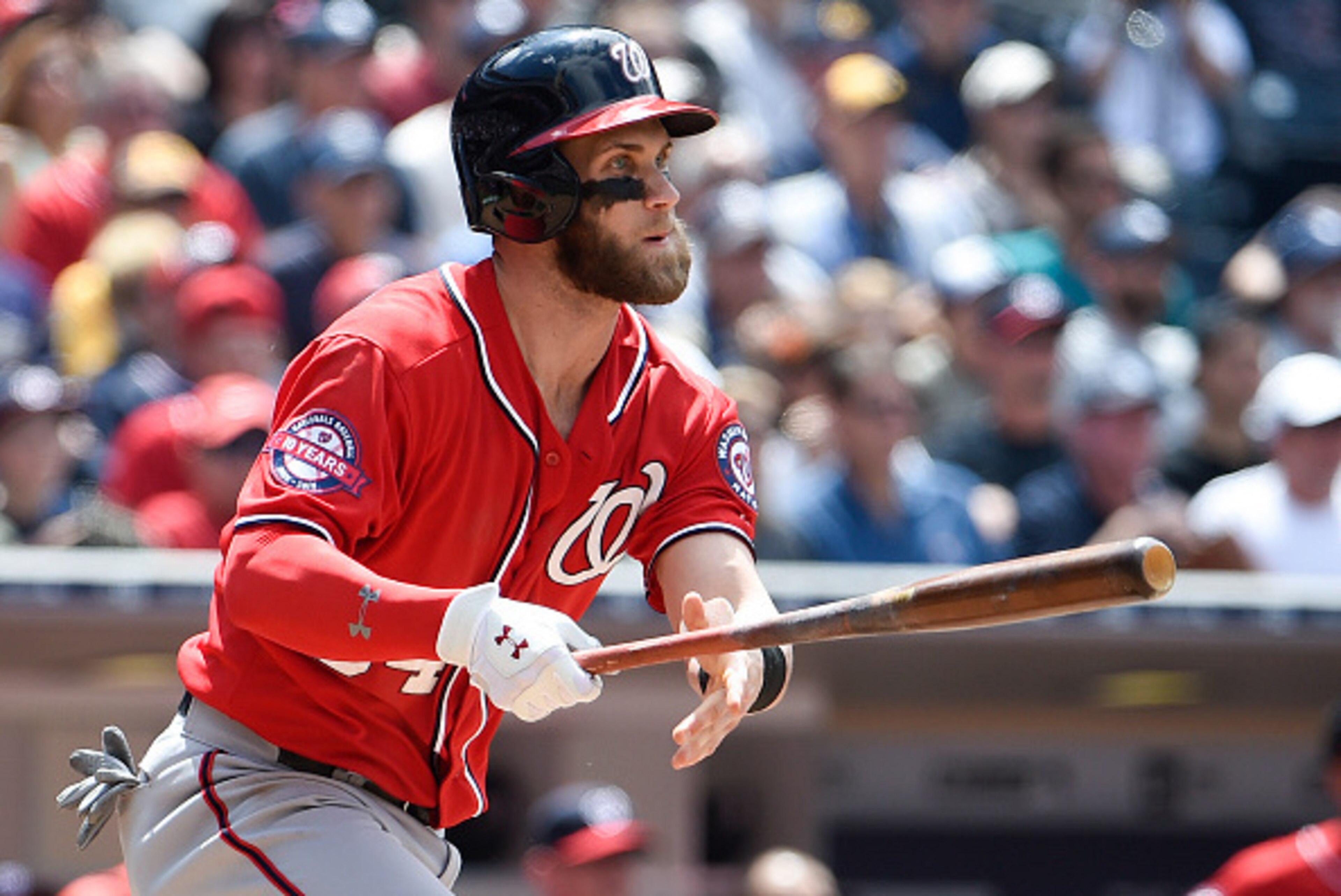 SAN DIEGO, CA - MAY 17:  Bryce Harper #34 of the Washington Nationals hits a triple during the fifth inning of a baseball game against the San Diego Padres at Petco Park May 17, 2015 in San Diego, California.  (Photo by Denis Poroy/Getty Images)