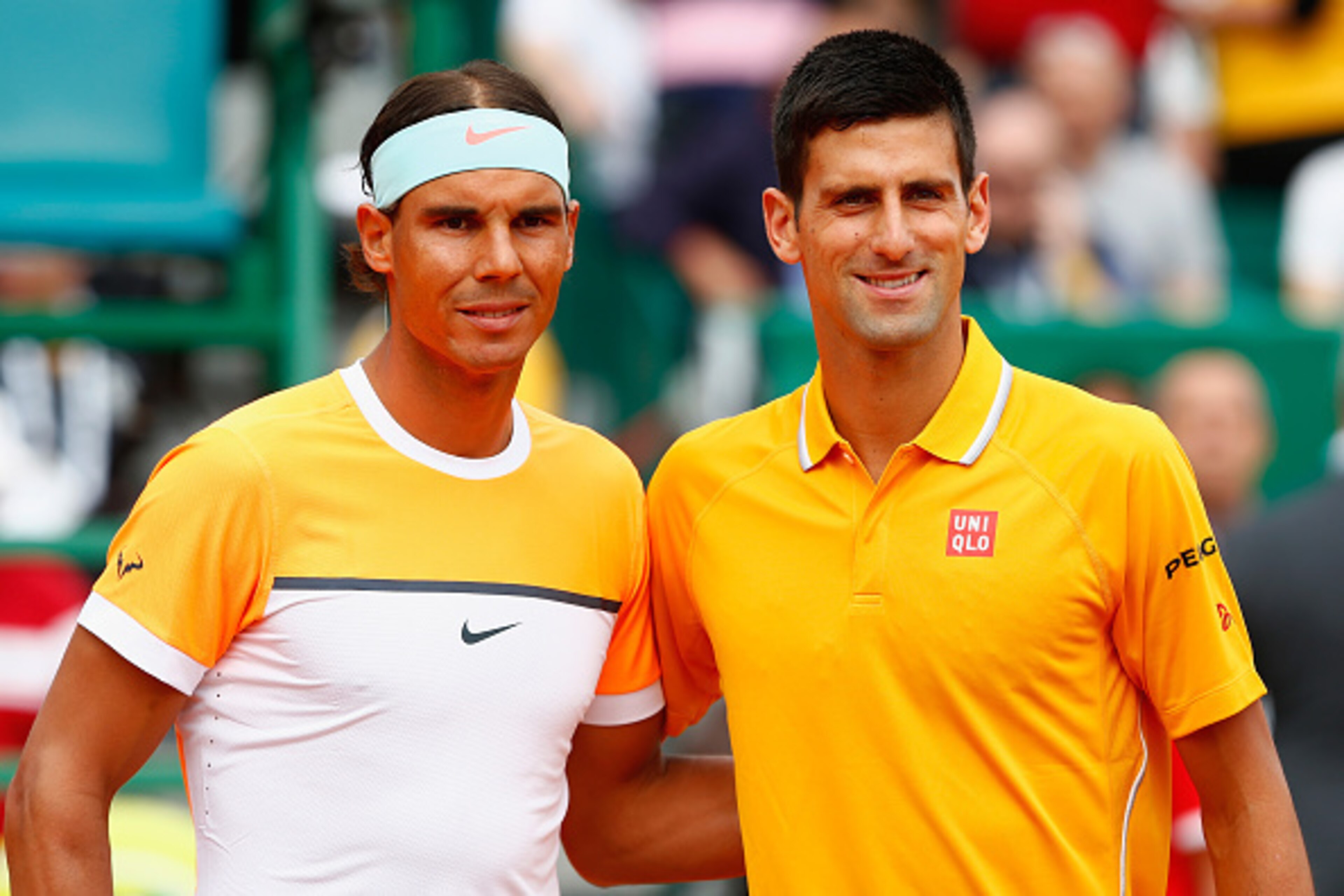 MONTE-CARLO, MONACO - APRIL 18:  Novak Djokovic of Serbia poses for a photo next to Rafael Nadal of Spain in the semi finals during day seven of the Monte Carlo Rolex Masters tennis at the Monte-Carlo Sporting Club on April 18, 2015 in Monte-Carlo, Monaco