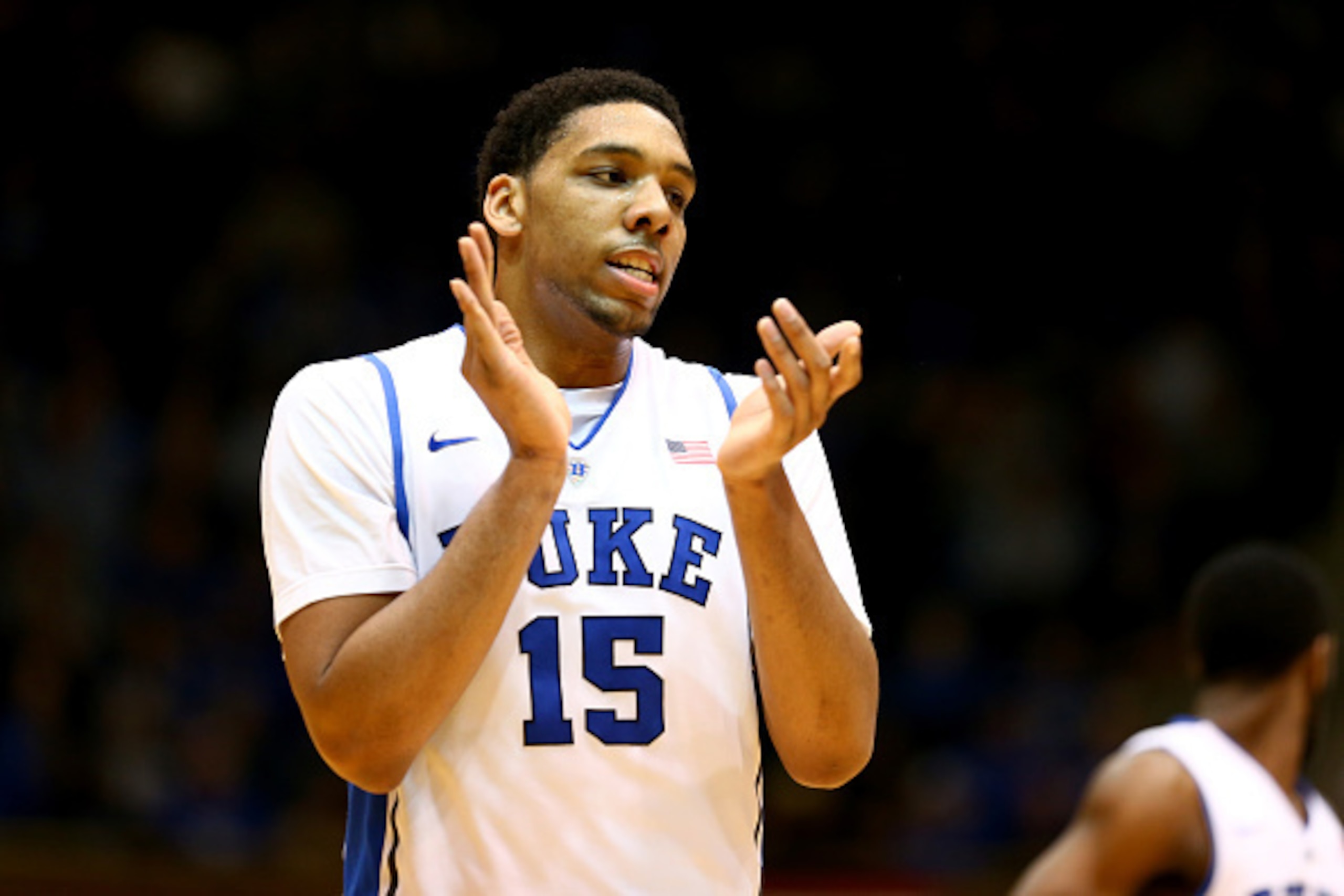 DURHAM, NC - DECEMBER 15:  Jahlil Okafor #15 of the Duke Blue Devils reacts after a play against the Elon Phoenix during their game at Cameron Indoor Stadium on December 15, 2014 in Durham, North Carolina.  (Photo by Streeter Lecka/Getty Images)