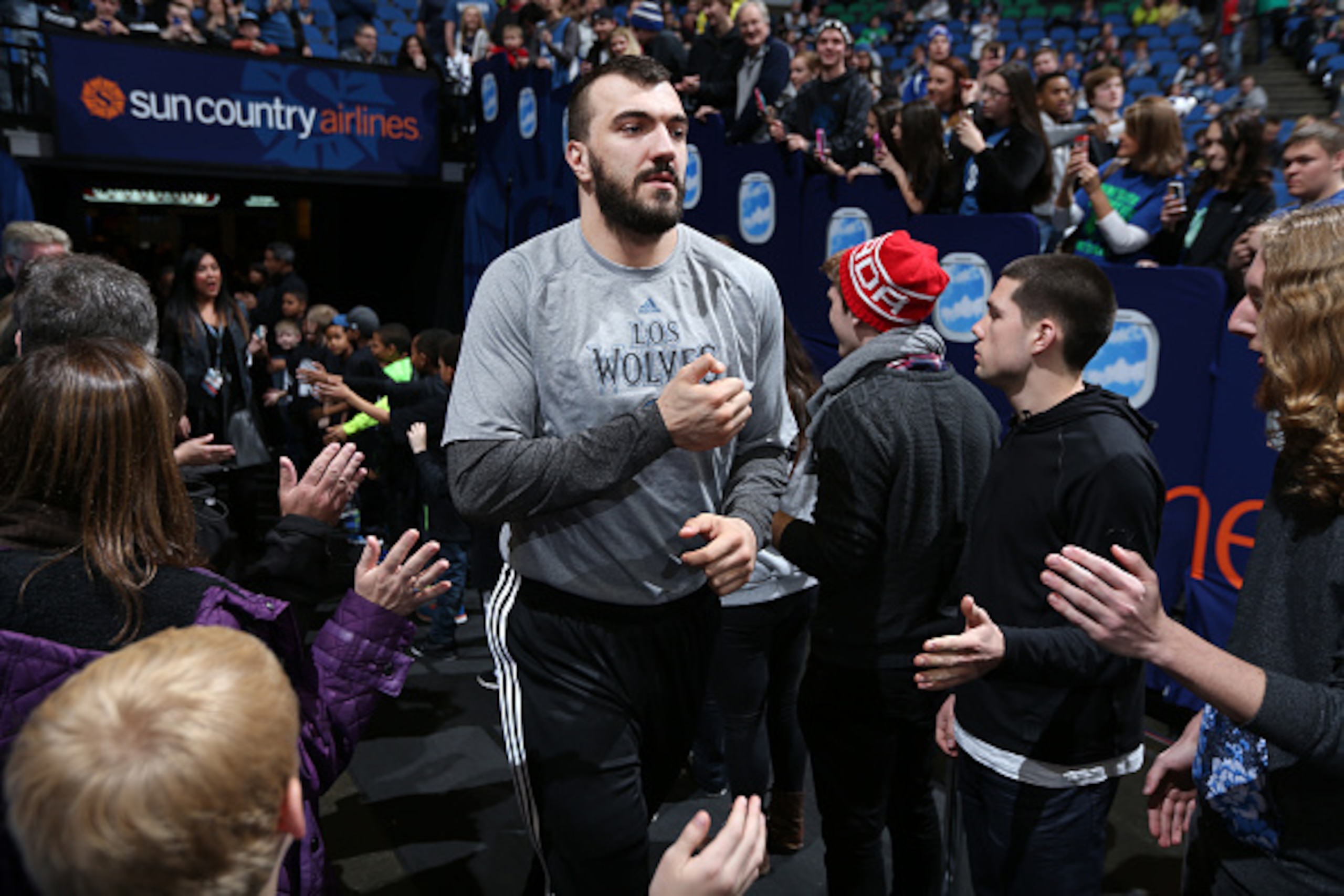 MINNEAPOLIS, MN - MARCH 7: Nikola Pekovic #14 of the Minnesota Timberwolves is introduced before the game against Portland Trail Blazers on March 7, 2015 at Target Center in Minneapolis, Minnesota. NOTE TO USER: User expressly acknowledges and agrees that