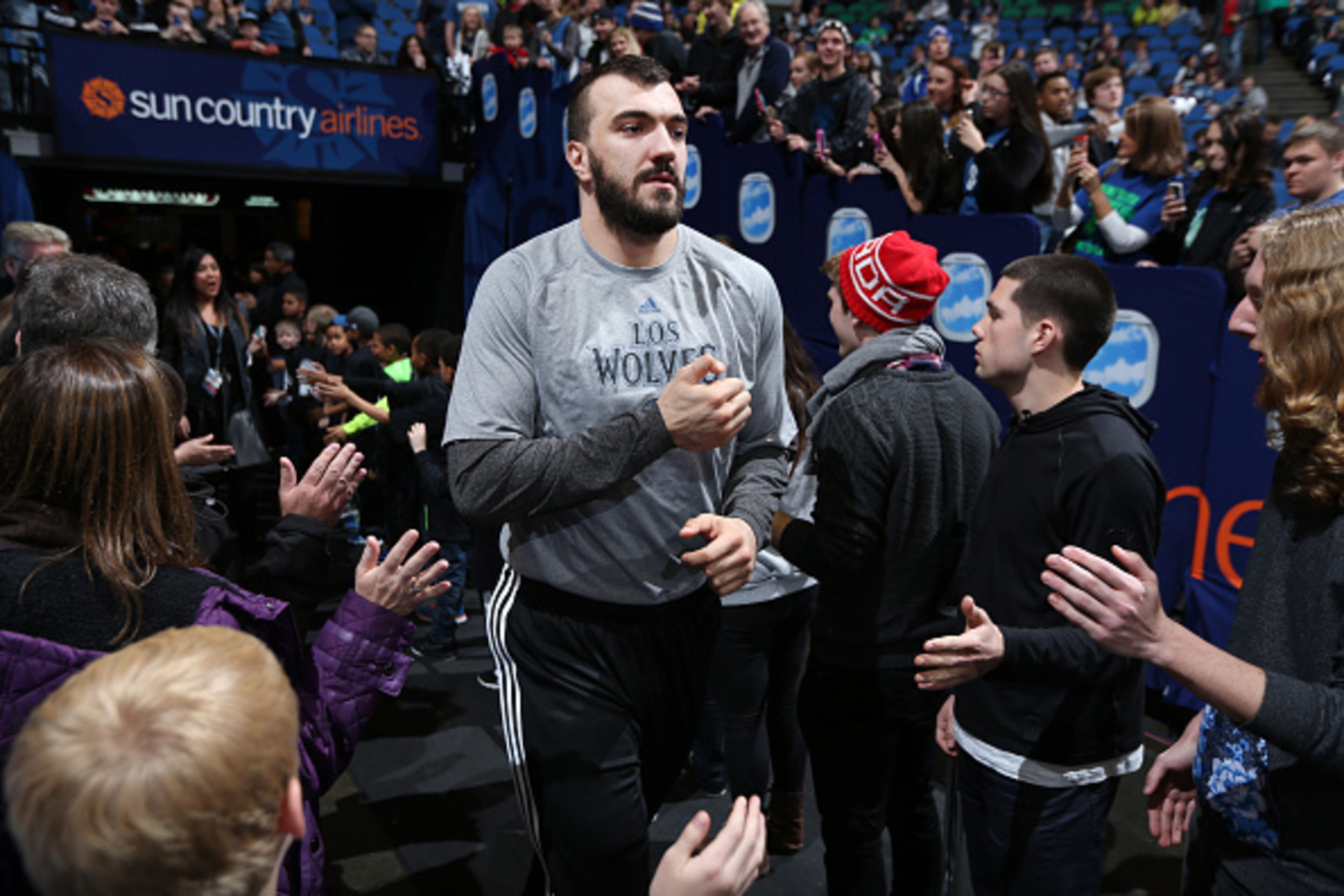 MINNEAPOLIS, MN - MARCH 7: Nikola Pekovic #14 of the Minnesota Timberwolves is introduced before the game against Portland Trail Blazers on March 7, 2015 at Target Center in Minneapolis, Minnesota. NOTE TO USER: User expressly acknowledges and agrees that