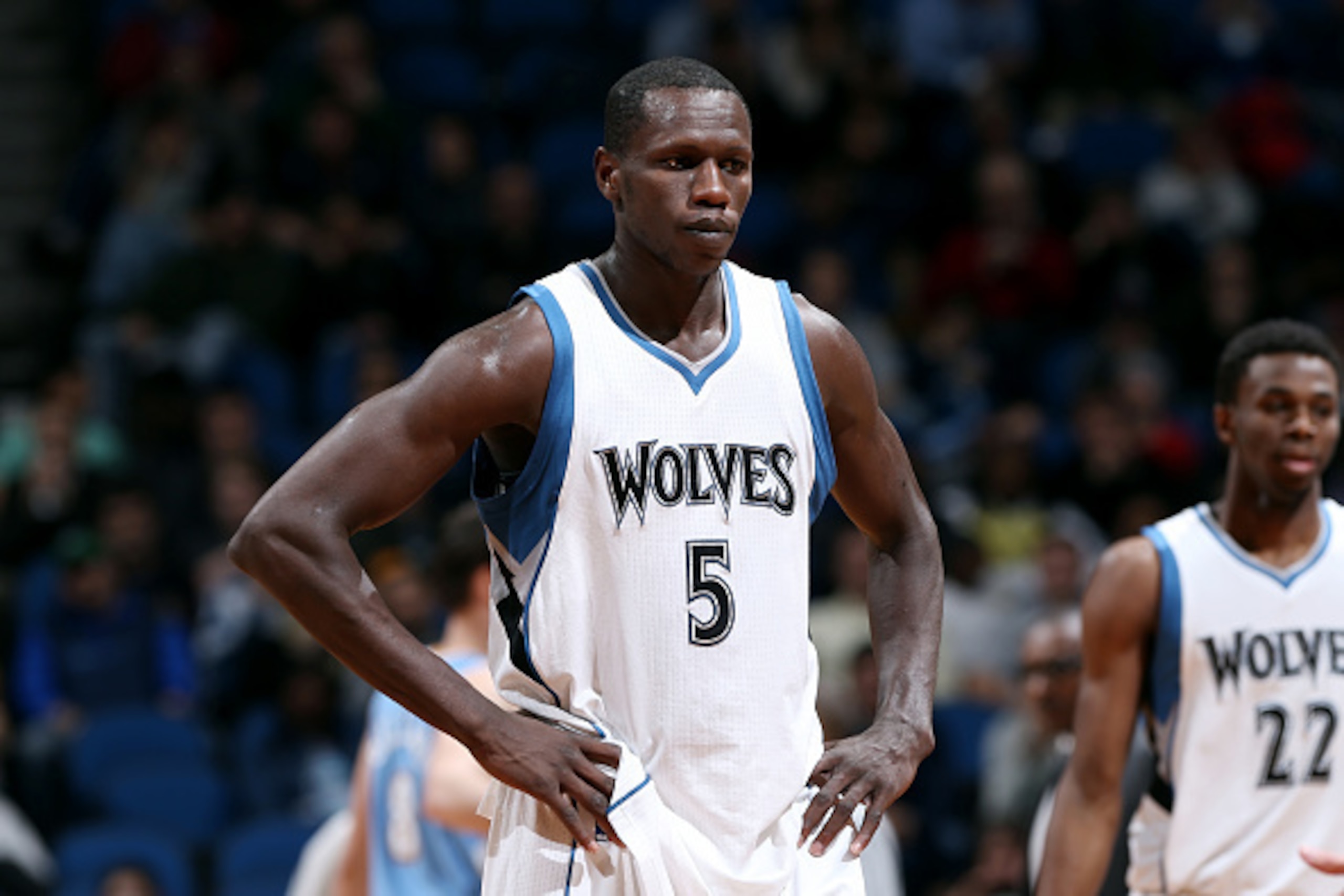 MINNEAPOLIS, MN - MARCH 4: Gorgui Dieng #5 of the Minnesota Timberwolves stands on the court during a game against the Denver Nuggets on March 4, 2015 at Target Center in Minneapolis, Minnesota. NOTE TO USER: User expressly acknowledges and agrees that, b