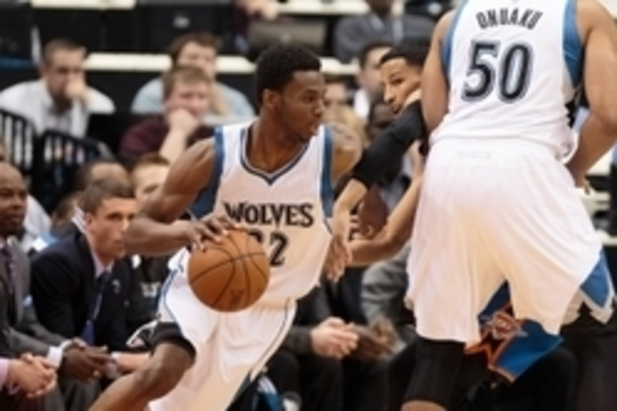 Apr 15, 2015; Minneapolis, MN, USA; Minnesota Timberwolves guard Andrew Wiggins (22) dribbles the ball in the first quarter against the Oklahoma City Thunder at Target Center. Mandatory Credit: Brad Rempel-USA TODAY Sports