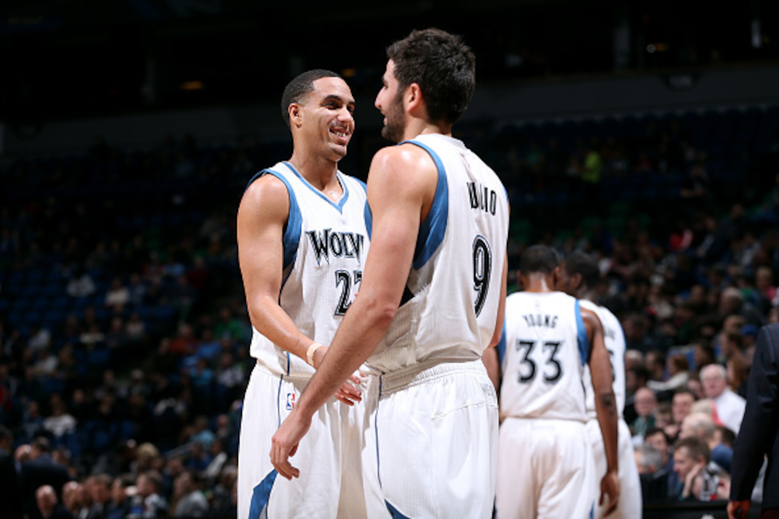 MINNEAPOLIS, MN - FEBRUARY 6: Kevin Martin #23 and Ricky Rubio #9 of the Minnesota Timberwolves celebrate during a game against the Memphis Grizzlies  on February 6, 2015 at Target Center in Minneapolis, Minnesota. NOTE TO USER: User expressly acknowledge