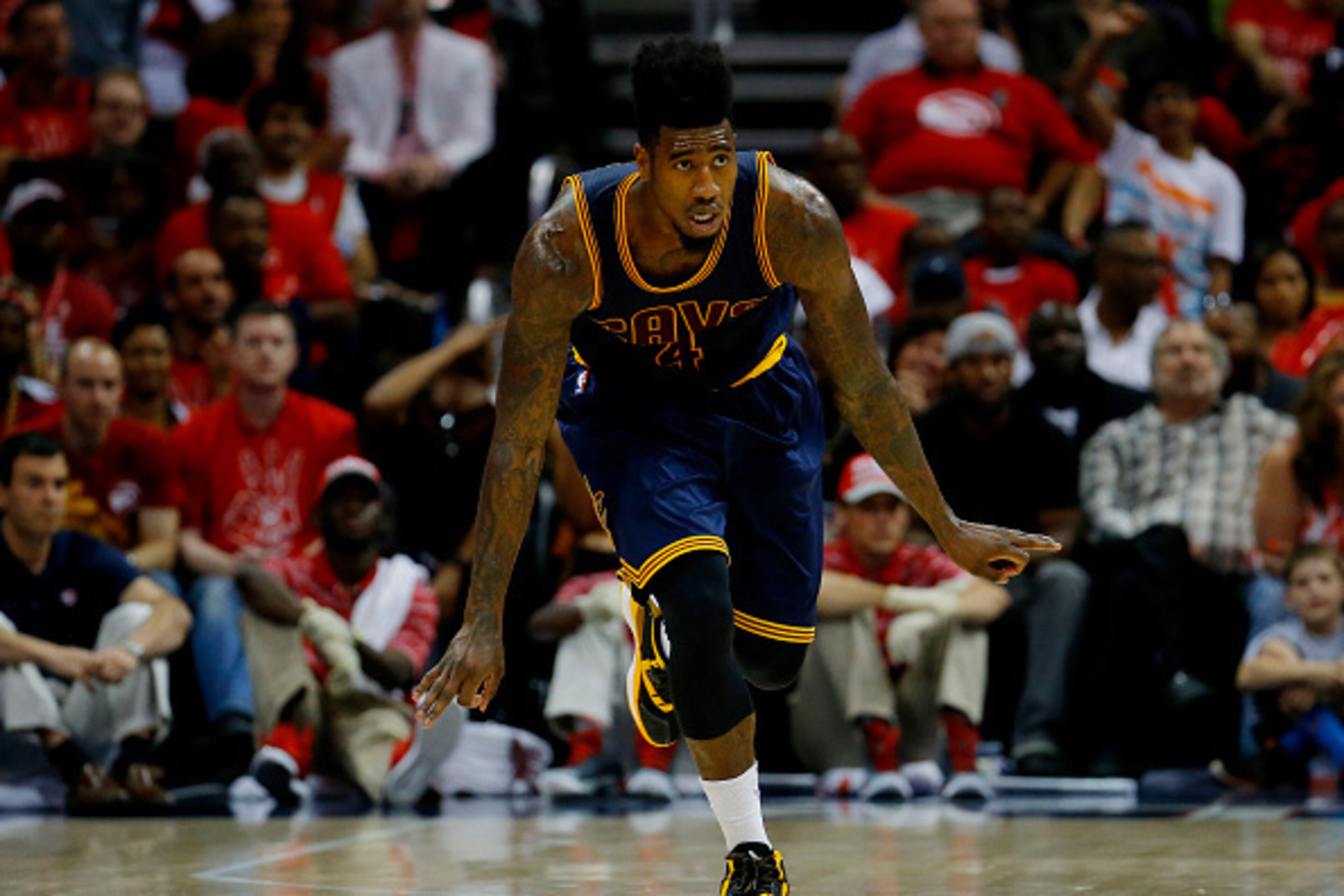 ATLANTA, GA - MAY 22:  Iman Shumpert #4 of the Cleveland Cavaliers celebrates after hitting a three pointer in the third quarter against the Atlanta Hawks during Game Two of the Eastern Conference Finals of the 2015 NBA Playoffs at Philips Arena on May 22