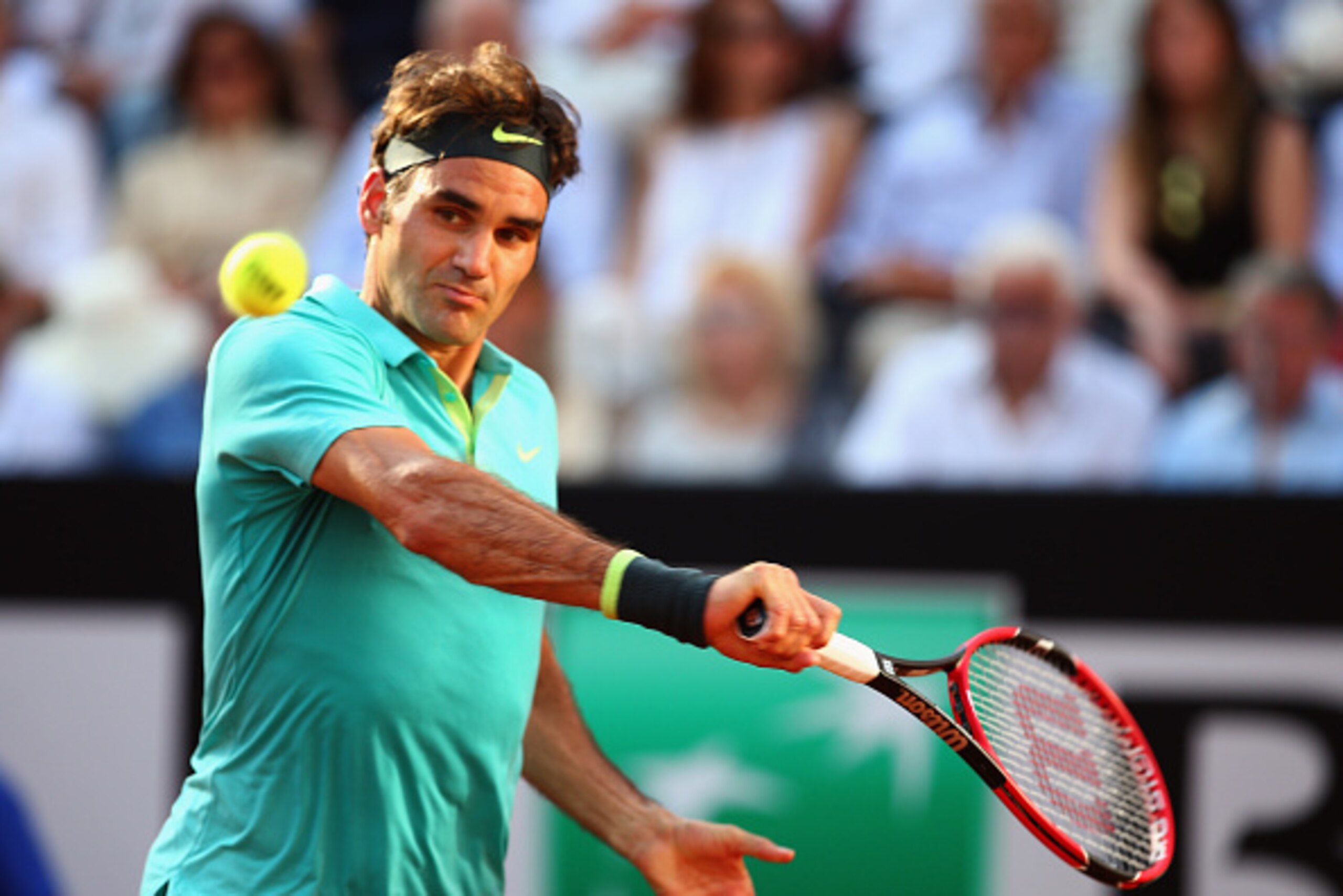 ROME, ITALY - MAY 17: Roger Federer of Switzerland in action during theMen's Singles Final against Novak Djokovic of Serbia on Day Eight of The Internazionali BNL d'Italia 2015 at the Foro Italico on May 17, 2015 in Rome, Italy. (Photo by Ian Walton/Get ROME, ITALY - MAY 17: Roger Federer of Switzerland in action during theMen's Singles Final against Novak Djokovic of Serbia on Day Eight of The Internazionali BNL d'Italia 2015 at the Foro Italico on May 17, 2015 in Rome, Italy. (Photo by Ian Walton/Get
