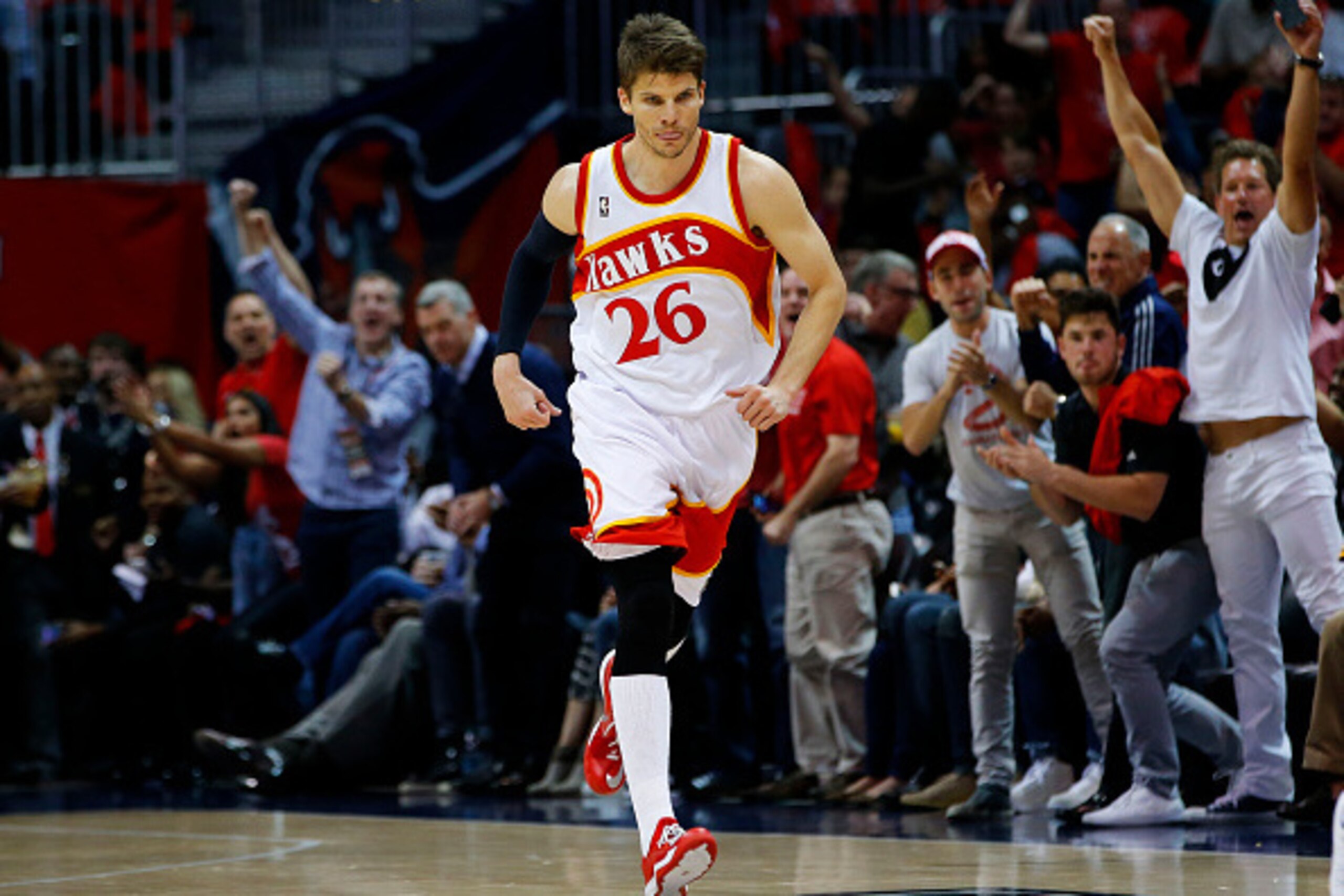 ATLANTA, GA - MAY 22:  Fans react after Kyle Korver #26 of the Atlanta Hawks hit a three pointer against the Cleveland Cavaliers in the first quarter during Game Two of the Eastern Conference Finals of the 2015 NBA Playoffs at Philips Arena on May 22, 201