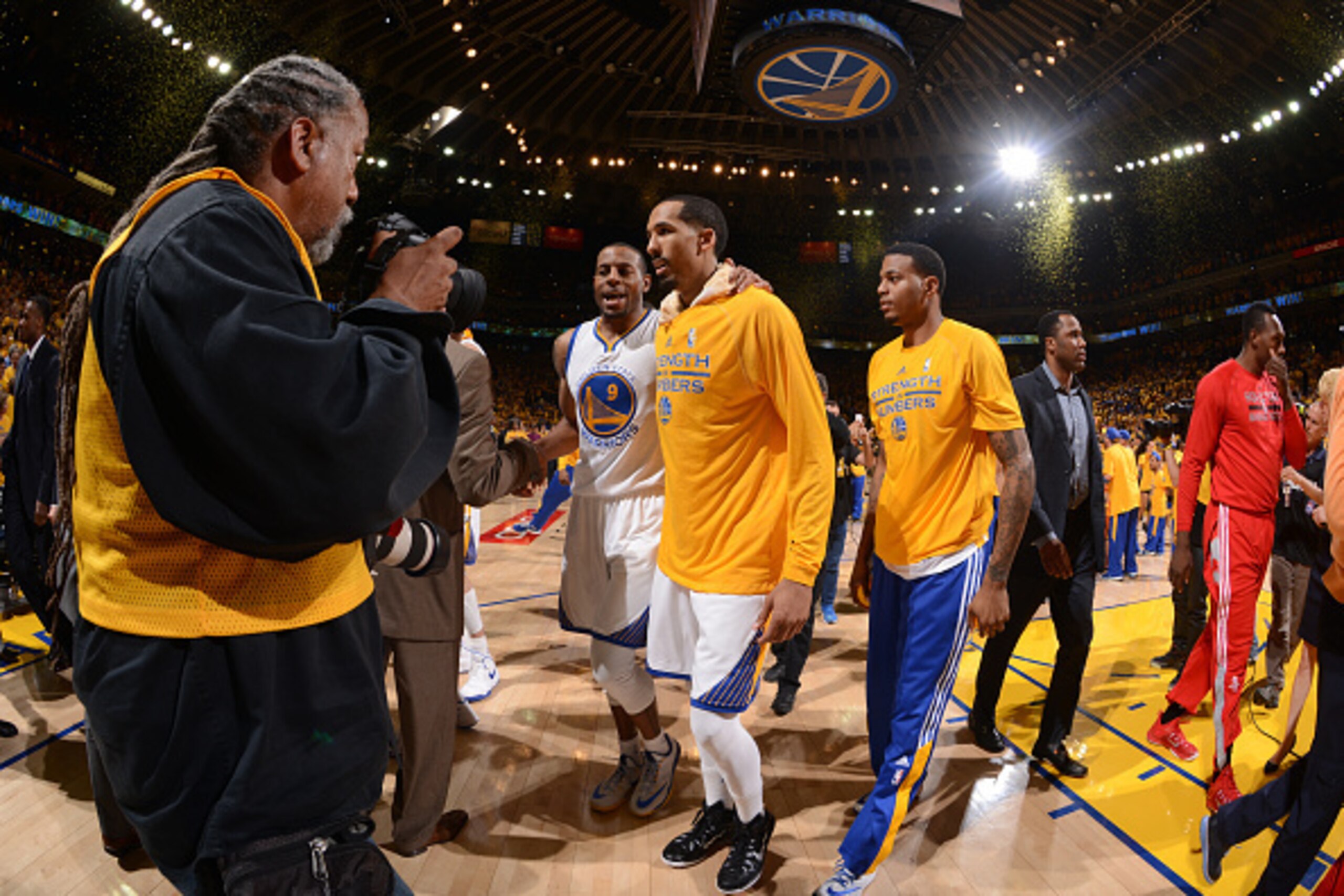 OAKLAND, CA - MAY 21: Andre Iguodala #9 and Shaun Livingston #34 of the Golden State Warriors celebrate during a game against the Houston Rockets in Game Two of the Western Conference Finals of the 2015 NBA Playoffs on May 21, 2015 at Oracle Arena in Oakl