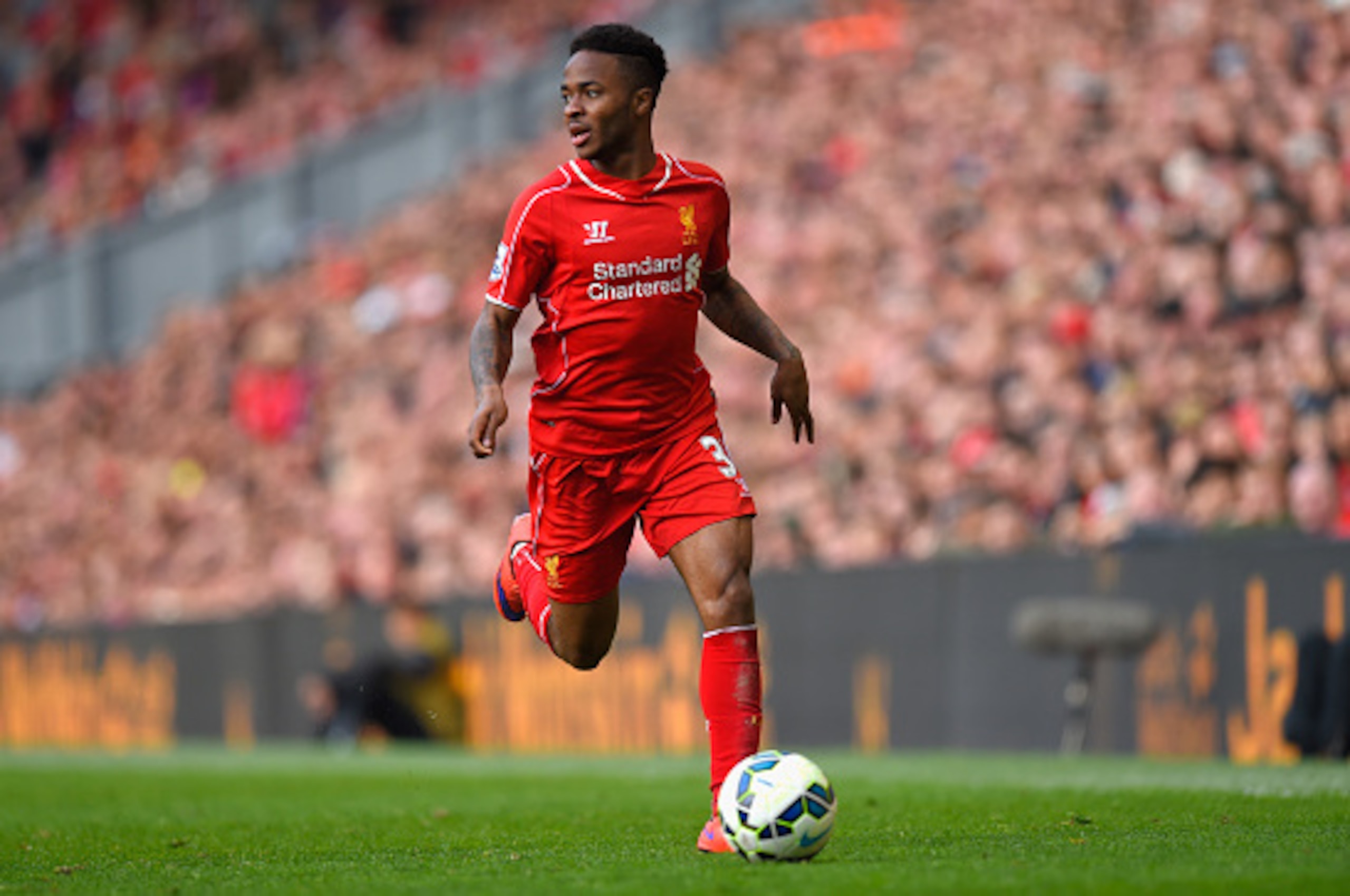 LIVERPOOL, ENGLAND - MAY 16:  Raheem Sterling of Liverpool in action during the Barclays Premier League match betrween Liverpool and Crystal Palace at Anfield on May 16, 2015 in Liverpool, England.  (Photo by Stu Forster/Getty Images)