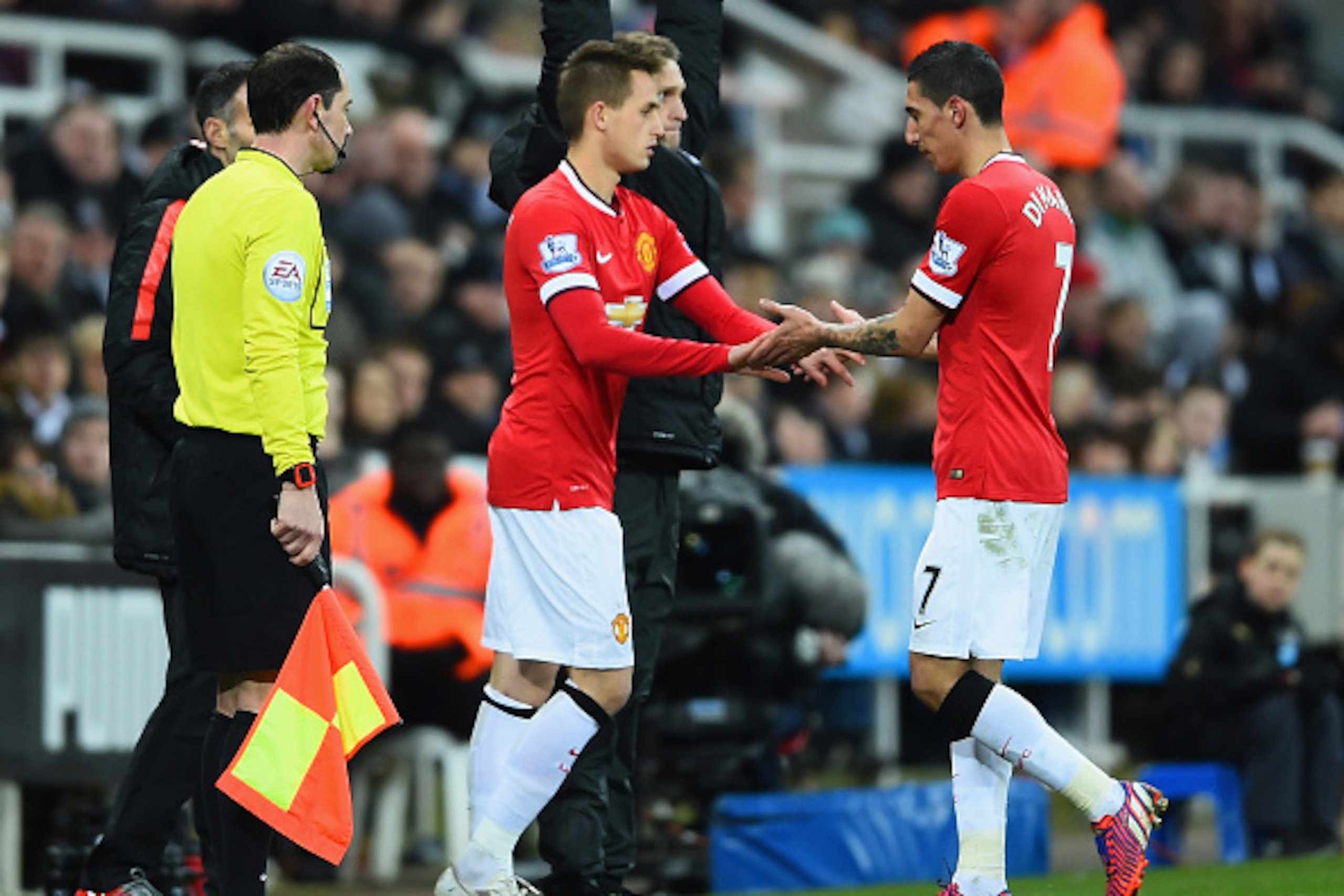 NEWCASTLE UPON TYNE, ENGLAND - MARCH 04: Adnan Januzaj of Manchester United replaces Angel di Maria of Manchester United during the Barclays Premier League match between Newcastle United and Manchester United at St James' Park on March 4, 2015 in Newcastl NEWCASTLE UPON TYNE, ENGLAND - MARCH 04: Adnan Januzaj of Manchester United replaces Angel di Maria of Manchester United during the Barclays Premier League match between Newcastle United and Manchester United at St James' Park on March 4, 2015 in Newcastl