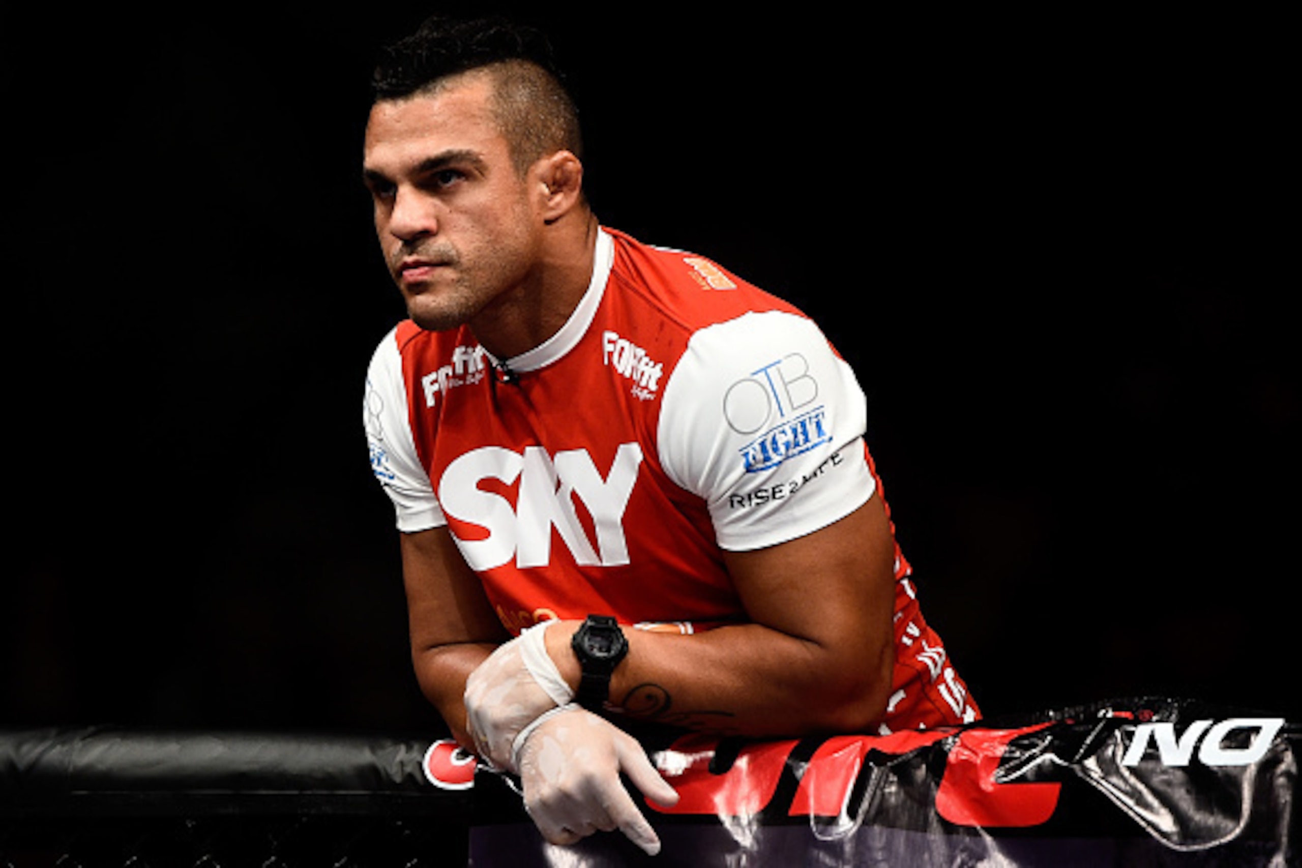 RIO DE JANEIRO, BRAZIL - OCTOBER 25:  Coach Vitor Belfort of Brazil looks on before Gilbert Burns´ (not shown) featherweight bout during the UFC 179 event at Maracanazinho on October 25, 2014 in Rio de Janeiro, Brazil.  (Photo by Buda Mendes/Getty Images)