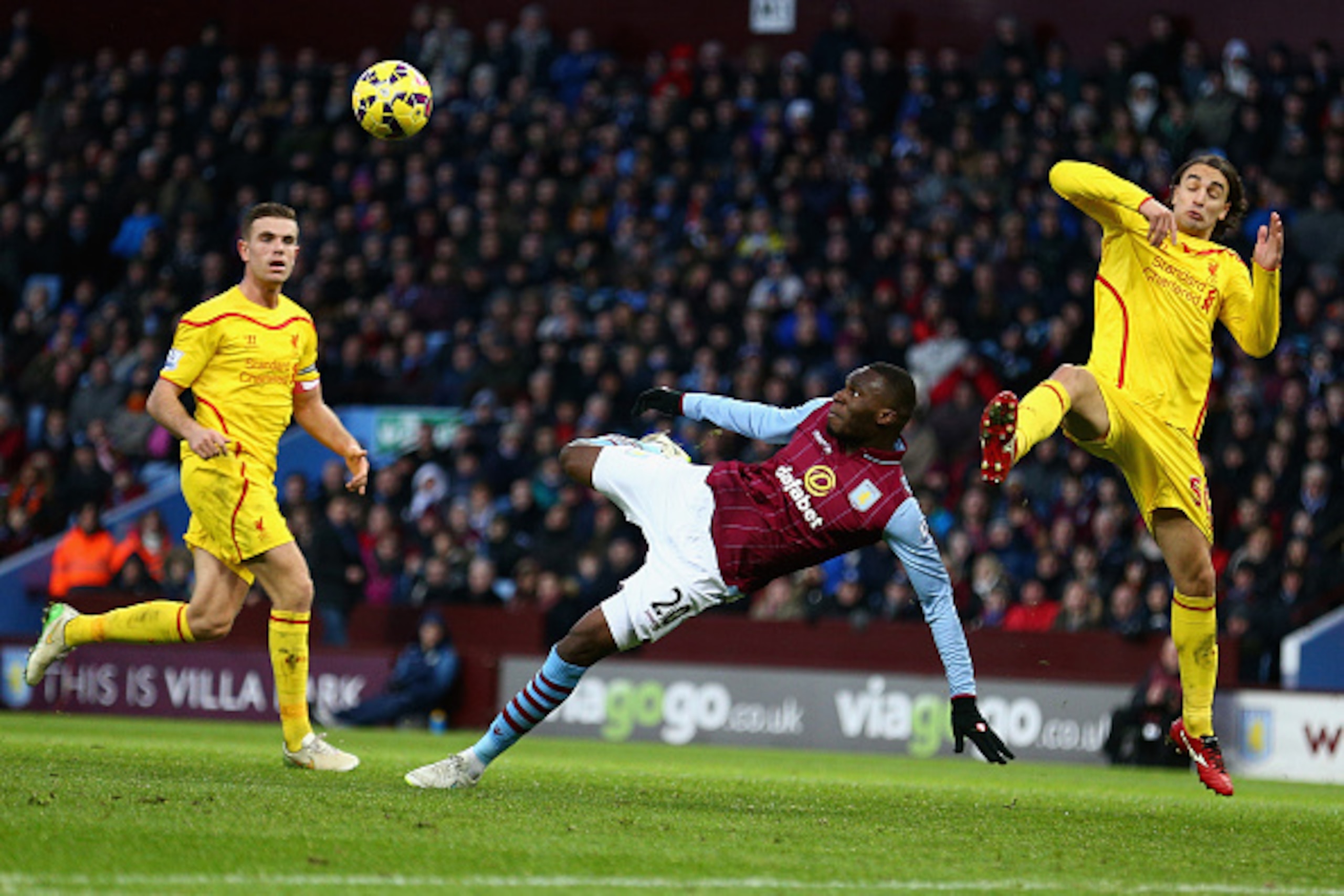 BIRMINGHAM, ENGLAND - JANUARY 17:  Christian Benteke of Aston Villa makes an attempt on goal during the Barclays Premier League match between Aston Villa and Liverpool at Villa Park on January 17, 2015 in Birmingham, England.  (Photo by Clive Mason/Getty 