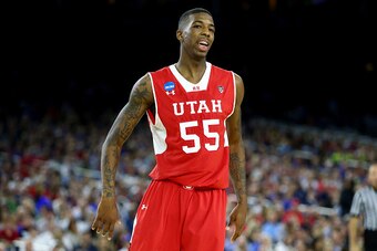 HOUSTON, TX - MARCH 27: Delon Wright #55 of the Utah Utes reacts against the Duke Blue Devils during a South Regional Semifinal game of the 2015 NCAA Men's Basketball Tournament at NRG Stadium on March 27, 2015 in Houston, Texas.  (Photo by Ronald Martine