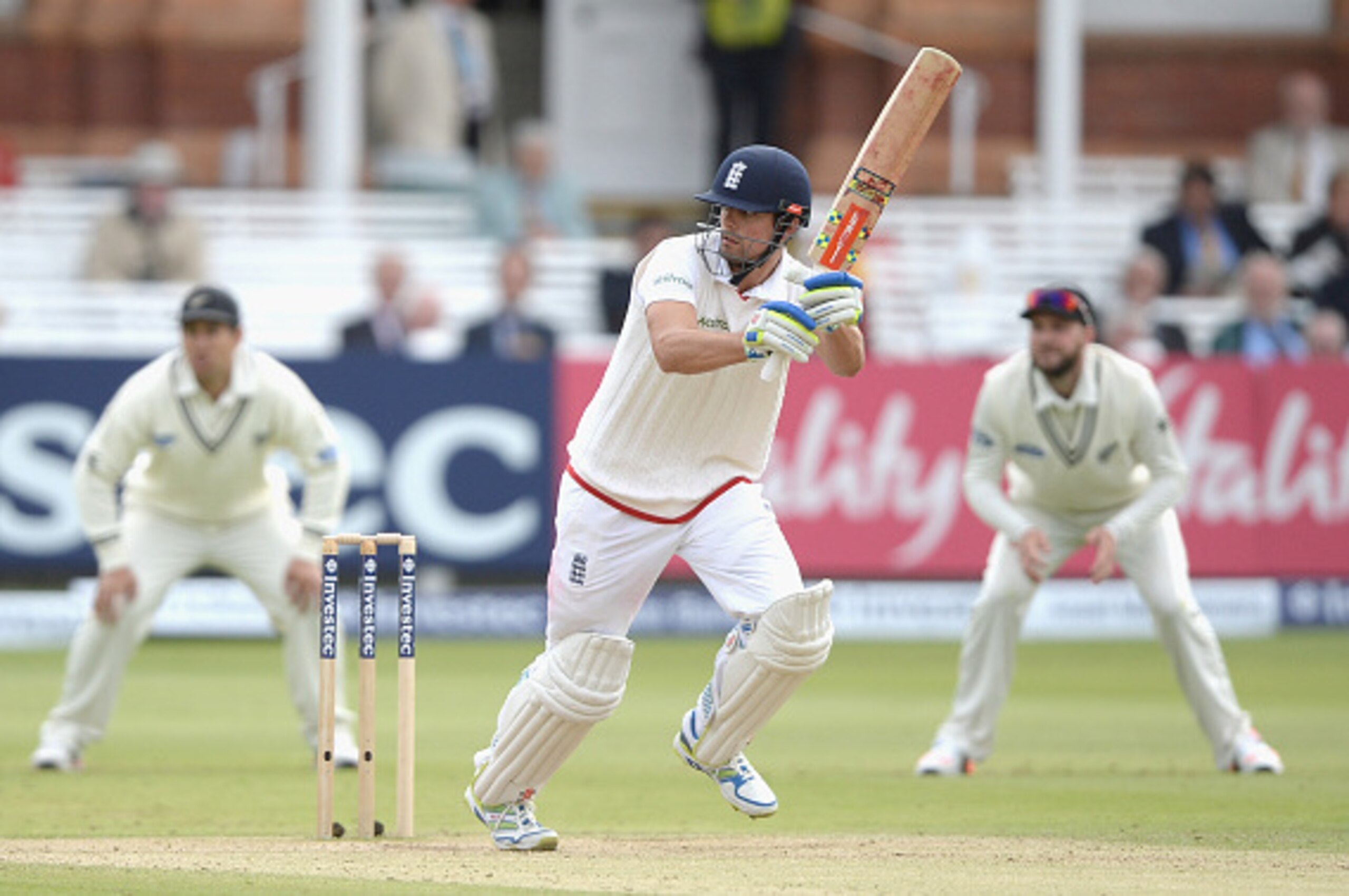 LONDON, ENGLAND - MAY 23:  England captain Alastair Cook bats during day three of 1st Investec Test match between England and New Zealand at Lord's Cricket Ground on May 23, 2015 in London, England.  (Photo by Gareth Copley/Getty Images)