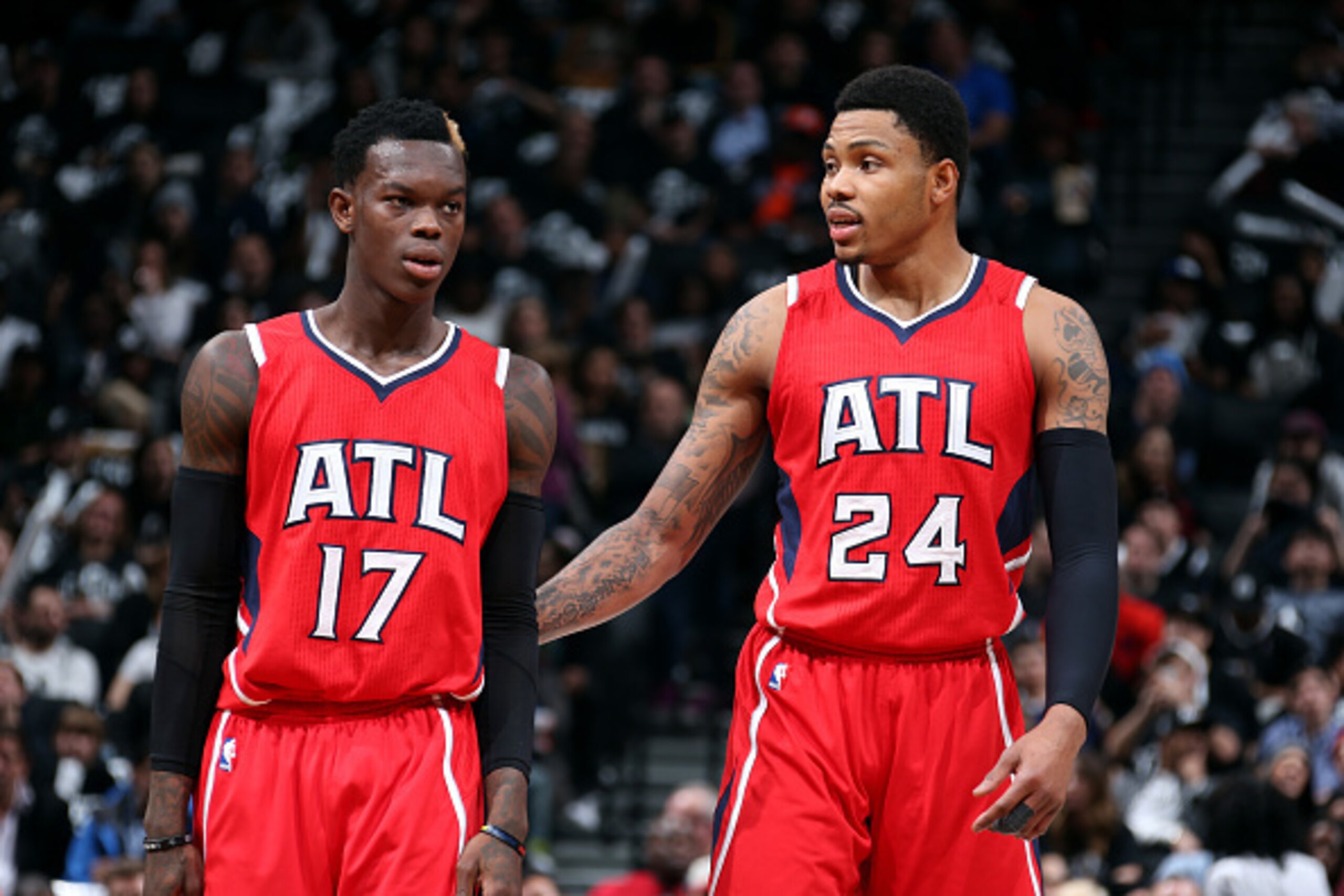 NEW YORK, NY - APRIL 25: Dennis Schroder #17 and Kent Bazemore #24 of the Atlanta Hawks stand on the court during a game against the Brooklyn Nets in Game Three of the Eastern Conference Quarterfinals during the 2015 NBA Playoffs on April 25, 2015 at the NEW YORK, NY - APRIL 25: Dennis Schroder #17 and Kent Bazemore #24 of the Atlanta Hawks stand on the court during a game against the Brooklyn Nets in Game Three of the Eastern Conference Quarterfinals during the 2015 NBA Playoffs on April 25, 2015 at the