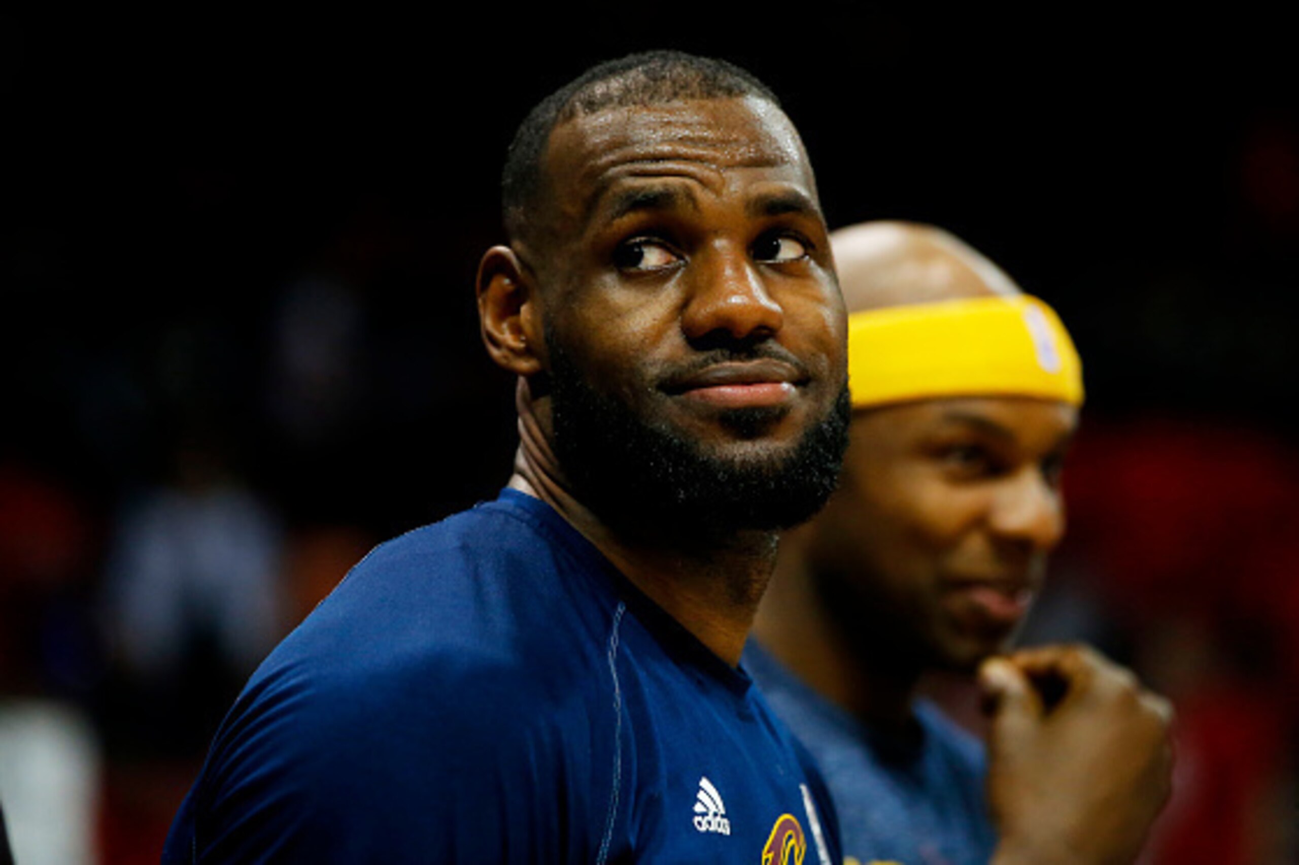 ATLANTA, GA - MAY 22: LeBron James #23 of the Cleveland Cavaliers looks on from the bench in the final minutes of their 94 to 82 win over the Atlanta Hawks during Game Two of the Eastern Conference Finals of the 2015 NBA Playoffs at Philips Arena on May ATLANTA, GA - MAY 22: LeBron James #23 of the Cleveland Cavaliers looks on from the bench in the final minutes of their 94 to 82 win over the Atlanta Hawks during Game Two of the Eastern Conference Finals of the 2015 NBA Playoffs at Philips Arena on May