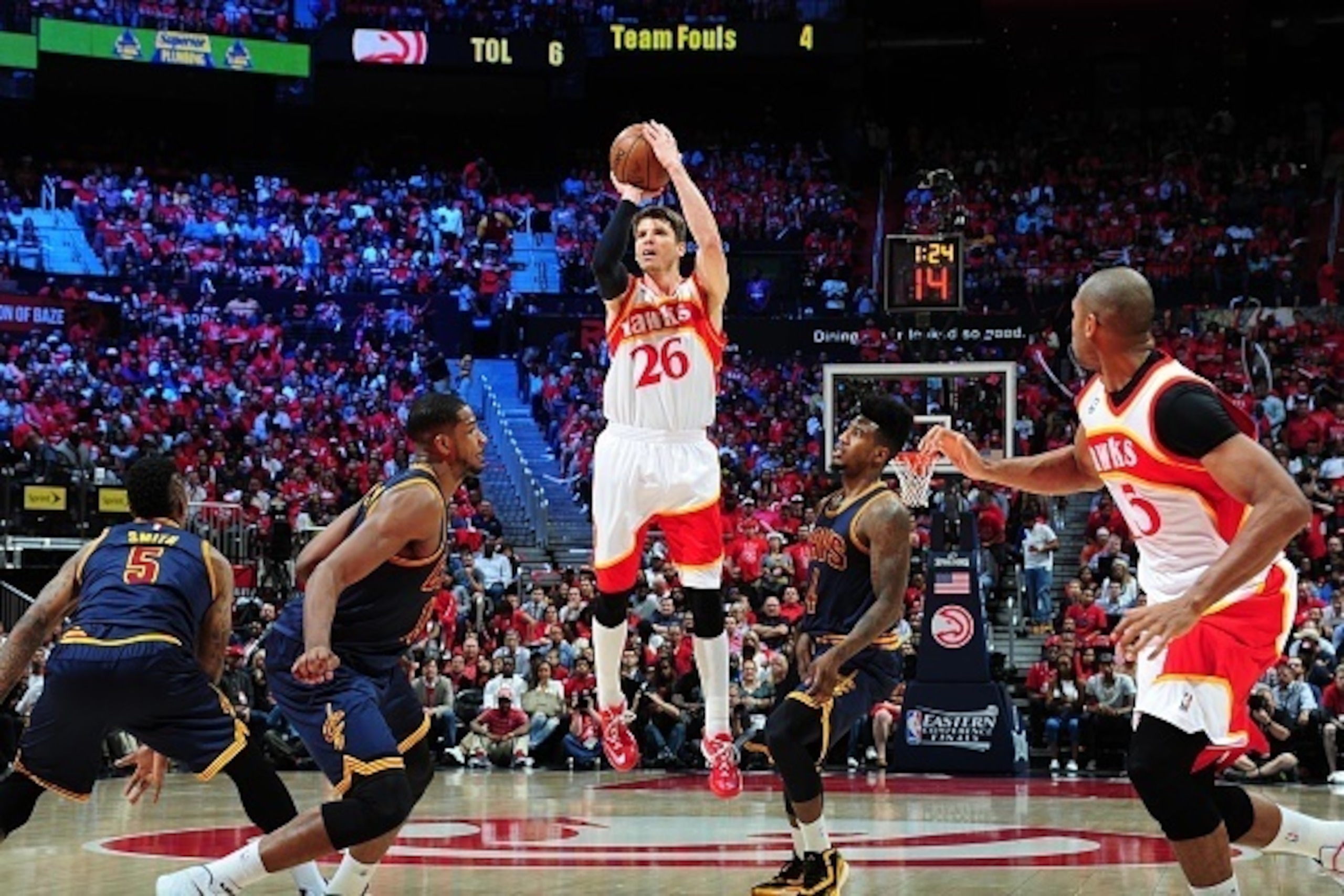 ATLANTA, GA - MAY 22: Kyle Korver #26 of the Atlanta Hawks takes a shot against the Cleveland Cavaliers in Game Two of the Eastern Conference Finals of the NBA Playoffs on May 22, 2015 at Philips Arena in Atlanta, Georgia.  NOTE TO USER: User expressly ac