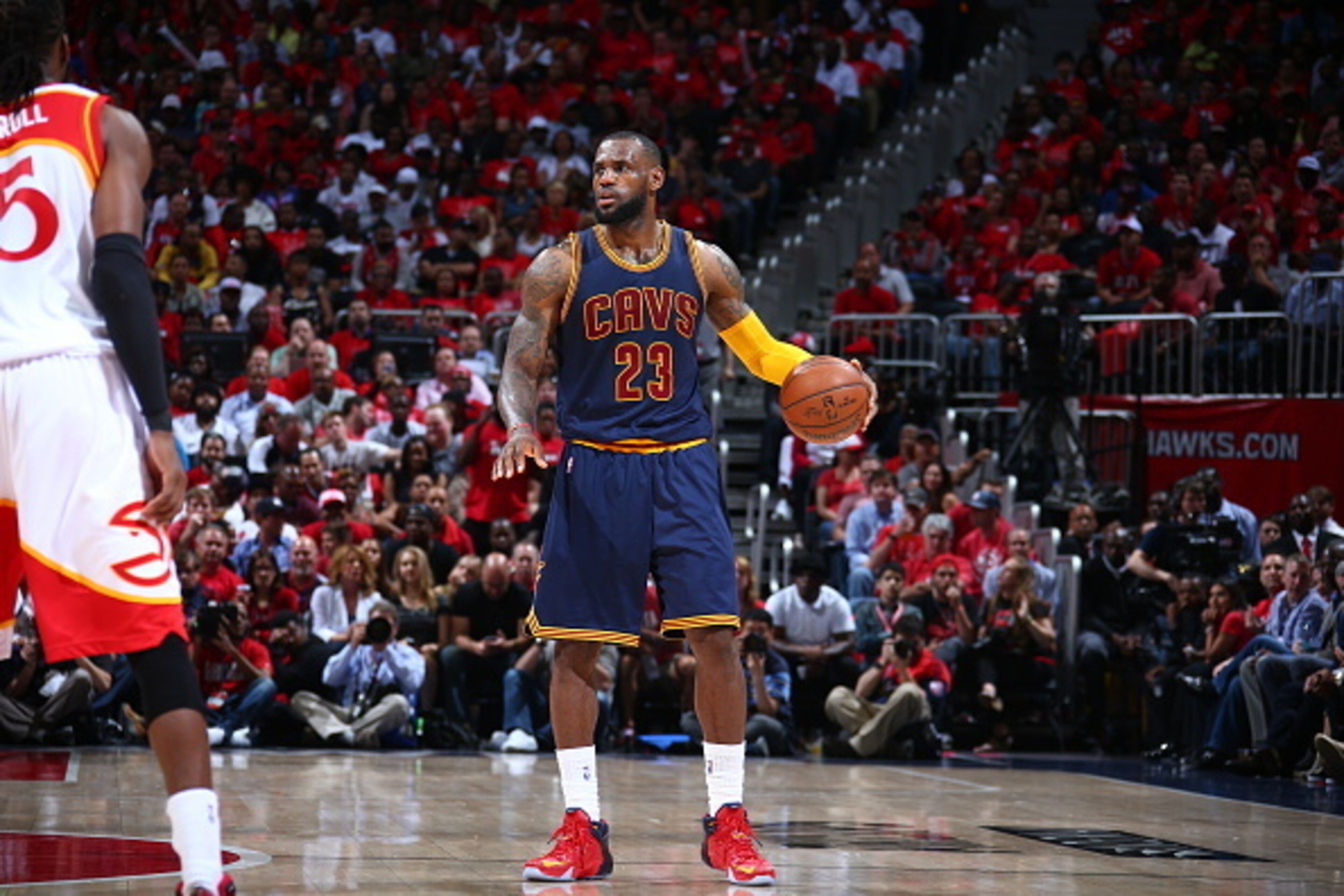 ATLANTA, GA - MAY 22:  LeBron James #23 of the Cleveland Cavaliers handles the ball against the Atlanta Hawks in Game Two of the Eastern Conference Finals during the 2015 NBA Playoffs on May 22, 2015 at the Philips Arena in Atlanta, Georgia.  NOTE TO USER