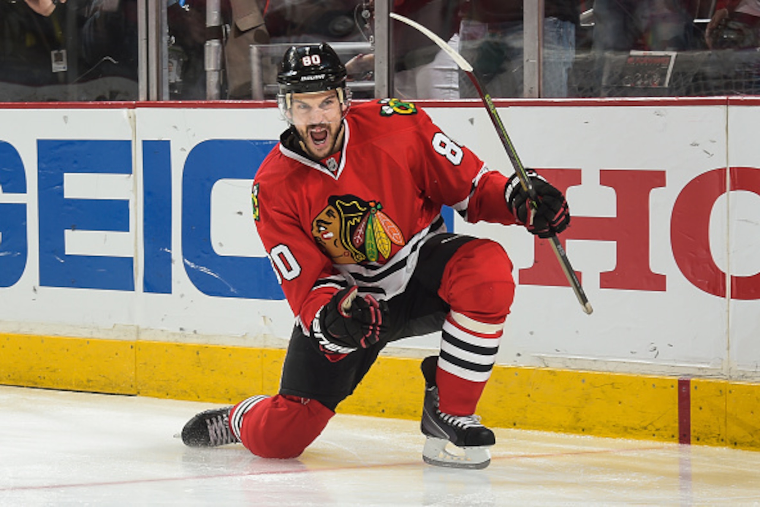 CHICAGO, IL - MAY 23:  Antoine Vermette #80 of the Chicago Blackhawks reacts after scoring the game winning goal against the Anaheim Ducks to give the Blackhawks the 5-4 win in Game Four of the Western Conference Finals during the 2015 NHL Stanley Cup Pla