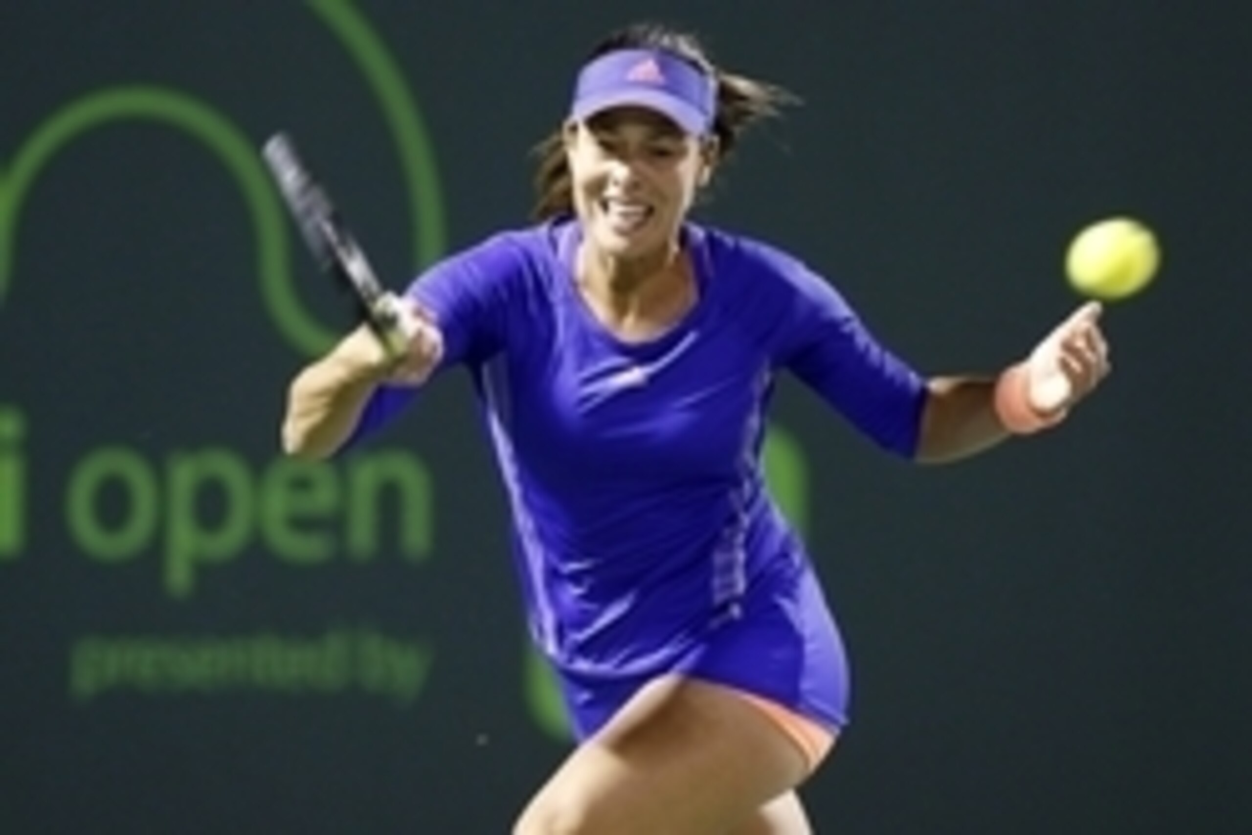 Mar 29, 2015; Key Biscayne, FL, USA; Ana Ivanovic hits a forehand against Sabine Lisicki (not pictured) on day seven of the Miami Open at Crandon Park Tennis Center. Mandatory Credit: Geoff Burke-USA TODAY Sports