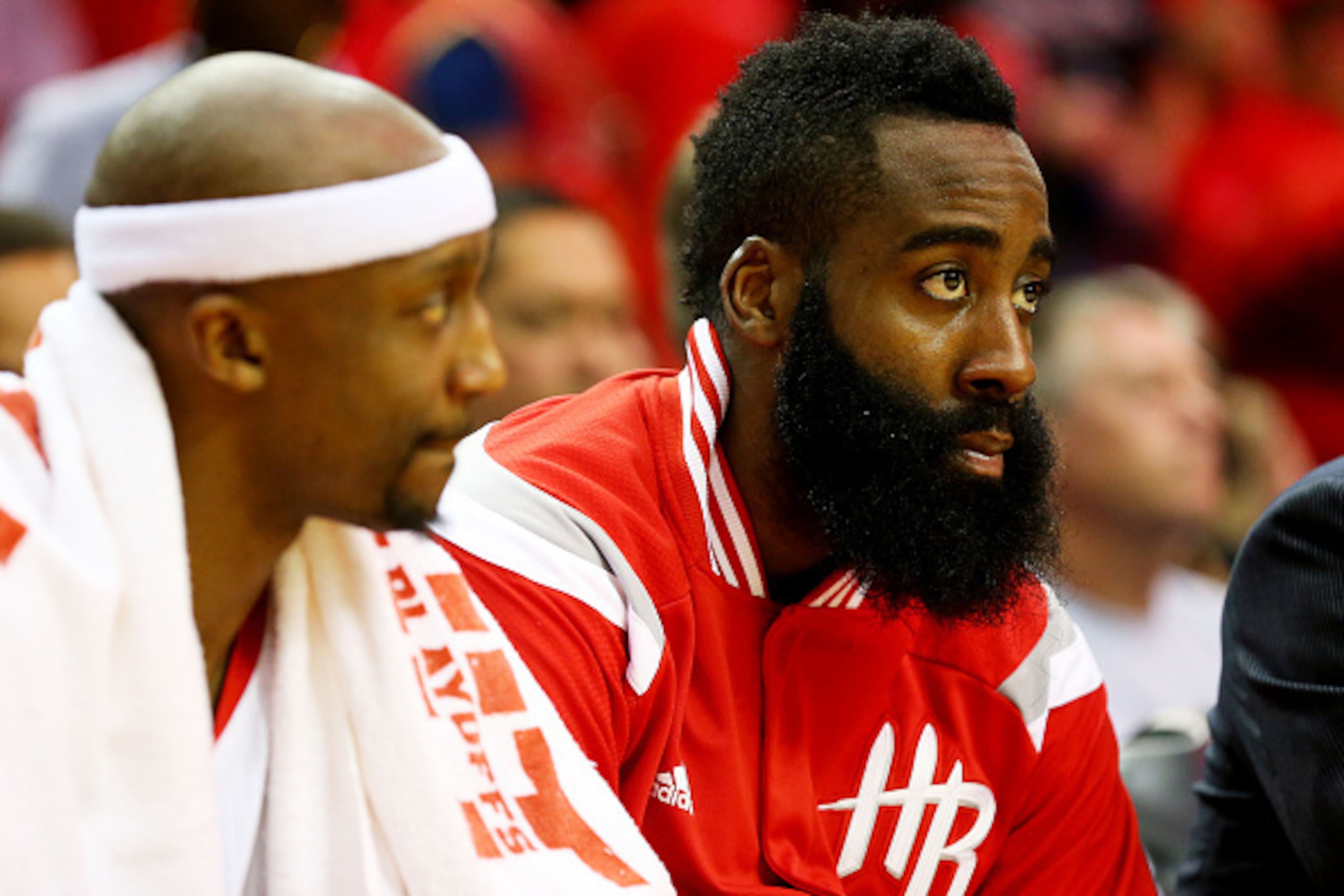 HOUSTON, TX - MAY 23:  Jason Terry #31 and James Harden #13 of the Houston Rockets look on in the fourth quarter against the Golden State Warriors during Game Three of the Western Conference Finals of the 2015 NBA PLayoffs at Toyota Center on May 23, 2015