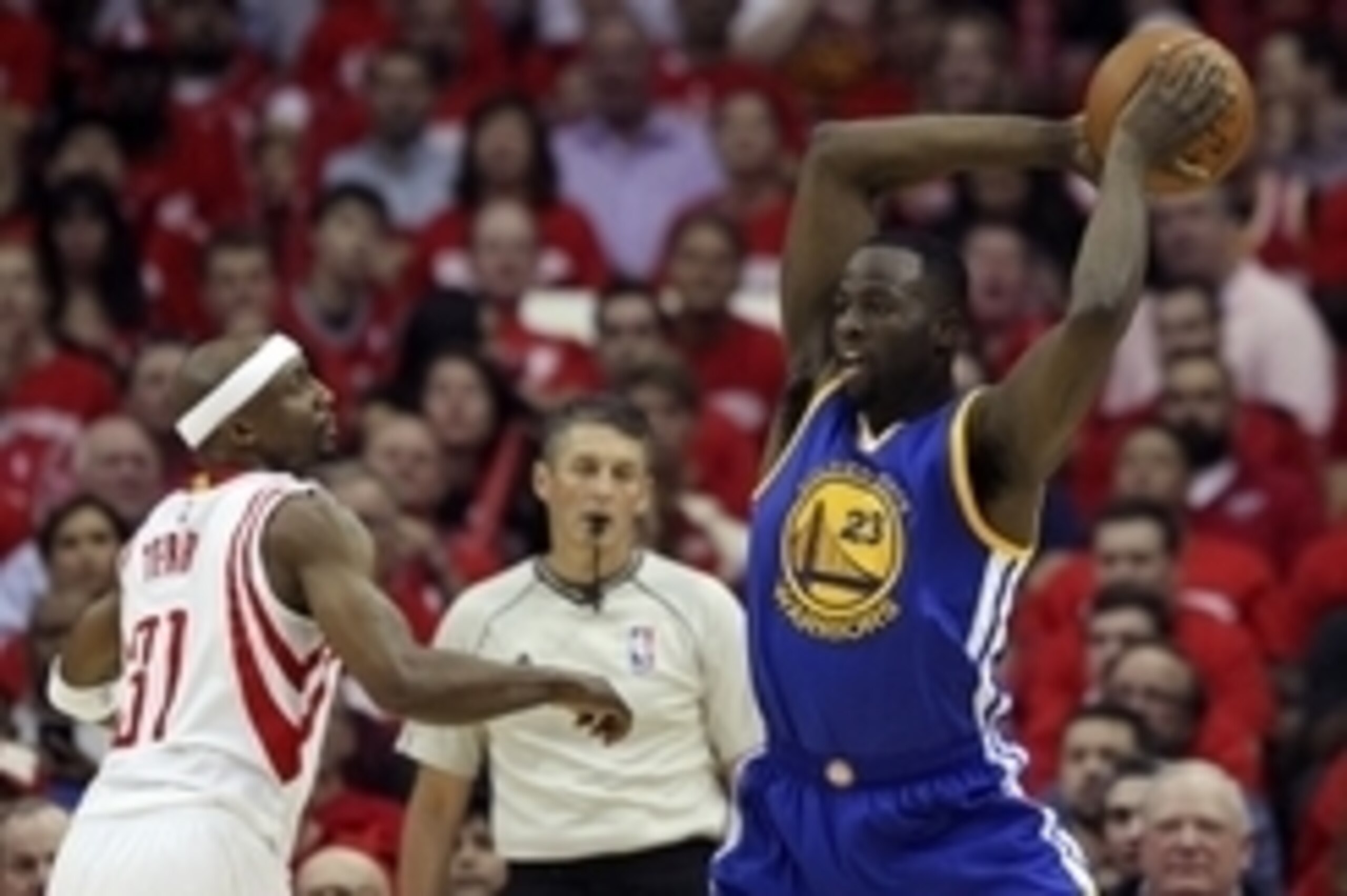 May 23, 2015; Houston, TX, USA; Golden State Warriors forward Draymond Green (23) looks to pass as Houston Rockets guard Jason Terry (31) defends during the first quarter in game three of the Western Conference Finals of the NBA Playoffs at Toyota Center.