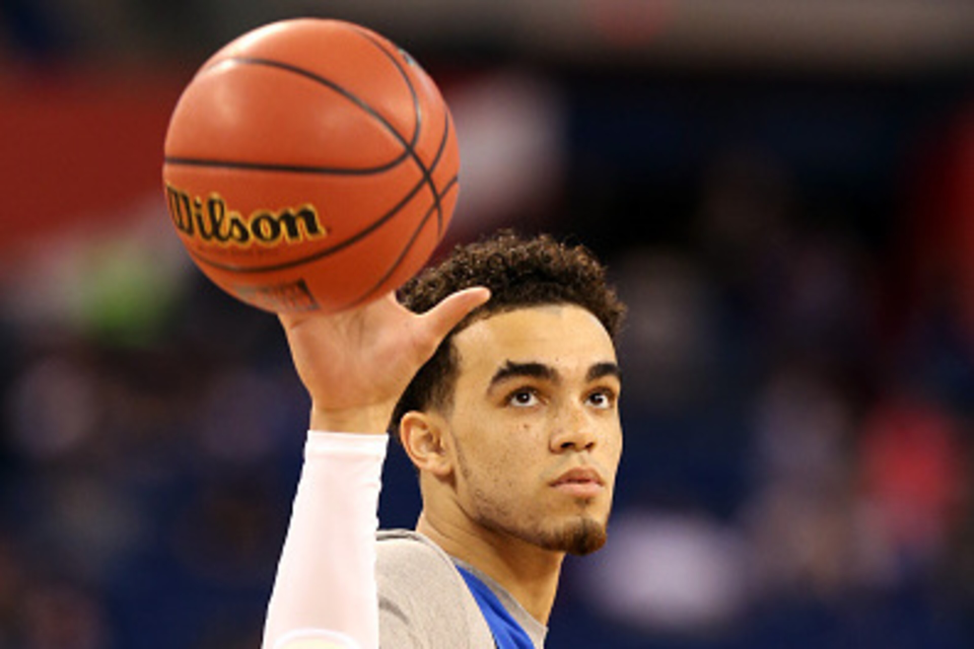 INDIANAPOLIS, IN - APRIL 03:  Tyus Jones #5 of the Duke Blue Devils handles the ball during practice for the NCAA Men's Final Four at Lucas Oil Stadium on April 3, 2015 in Indianapolis, Indiana.  (Photo by Streeter Lecka/Getty Images)