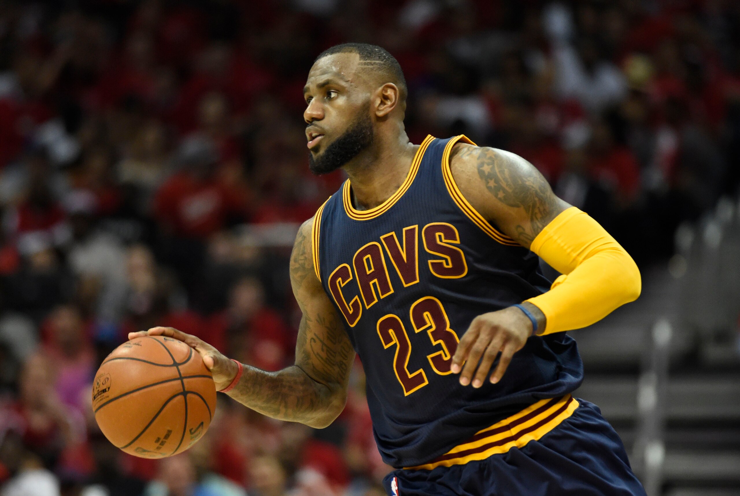 May 20, 2015; Atlanta, GA, USA; Cleveland Cavaliers forward LeBron James (23) controls the ball against the Atlanta Hawks during the second quarter of game one of the Eastern Conference Finals of the NBA Playoffs at Philips Arena. Mandatory Credit: Dale Z